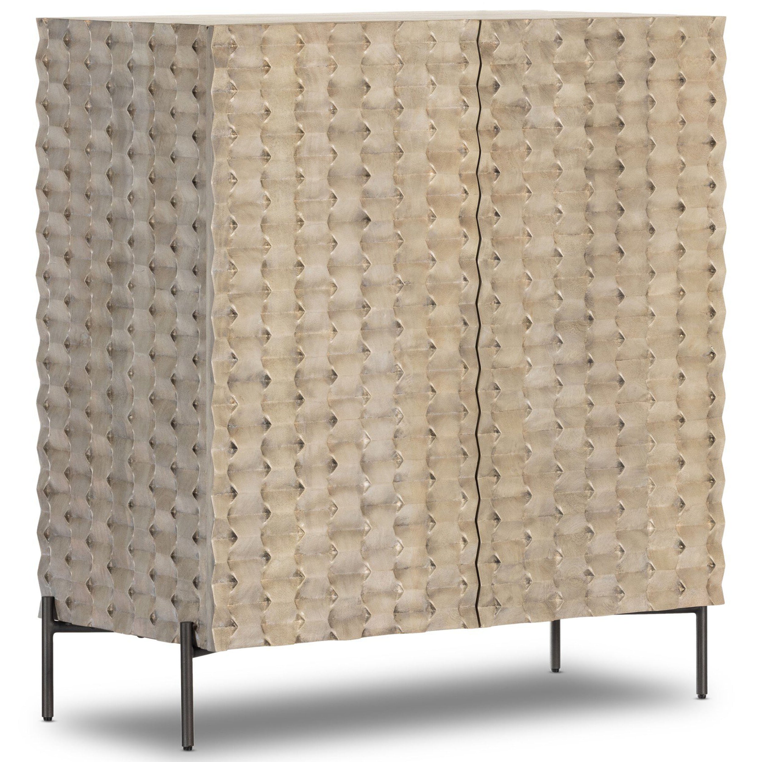 Raffael Bar Cabinet, Carved Stonewash Grey Mango