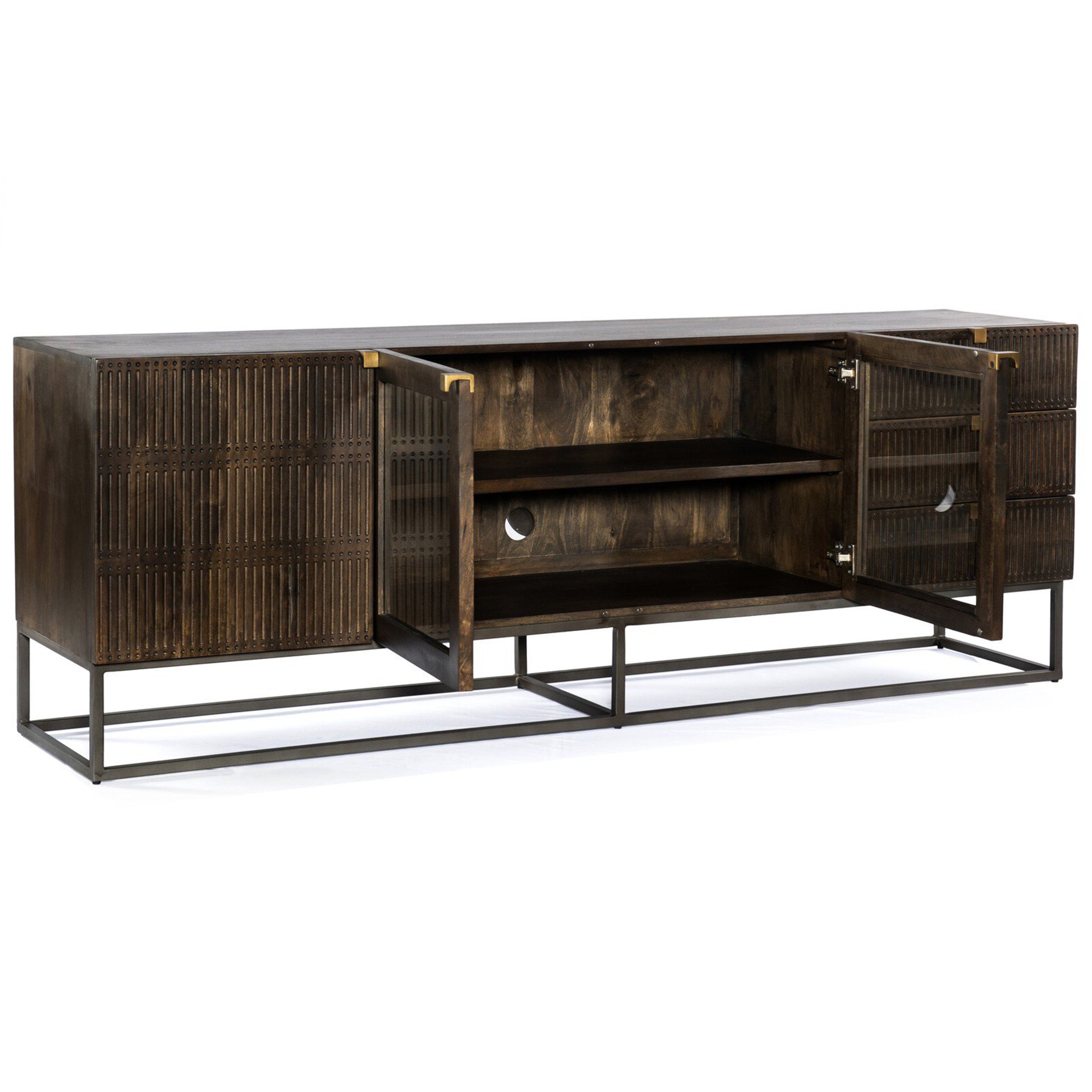 Kelby Media Console, Carved Vintage Brown