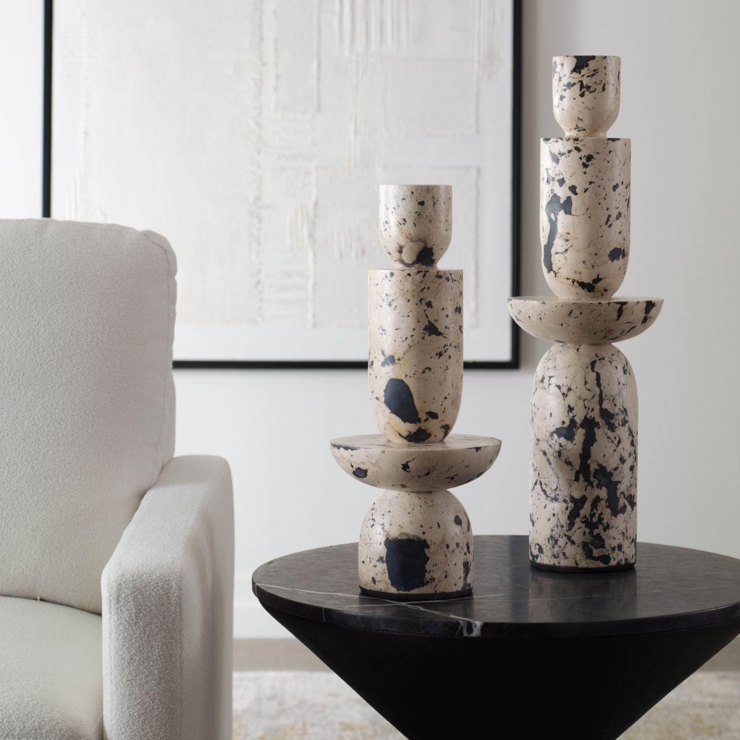 Nouveau Tower Indoor-Outdoor Sculptures, White, Set of 2 – styled in a room setting
