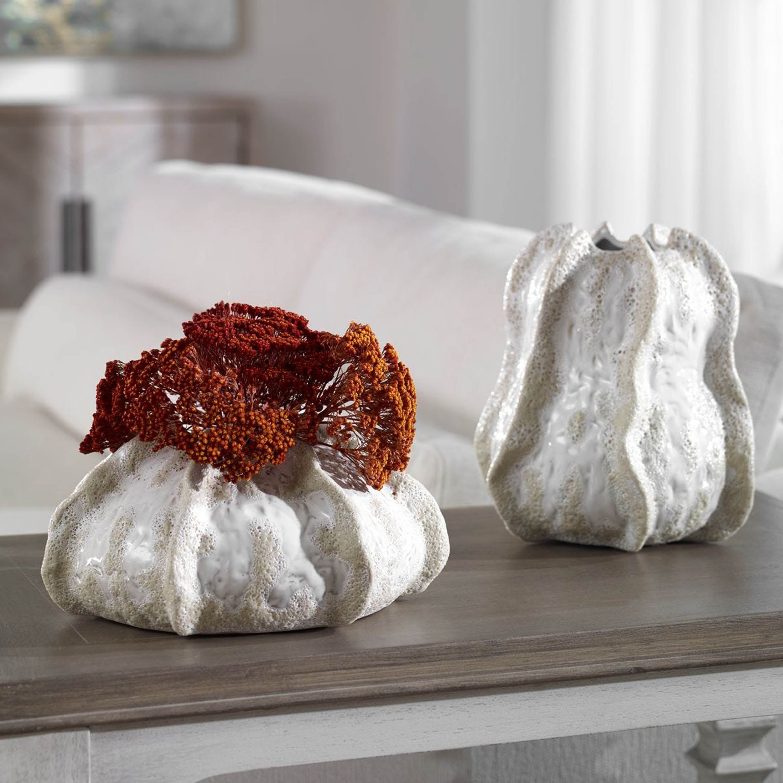 Urchin Vases, Ivory, Set of 2