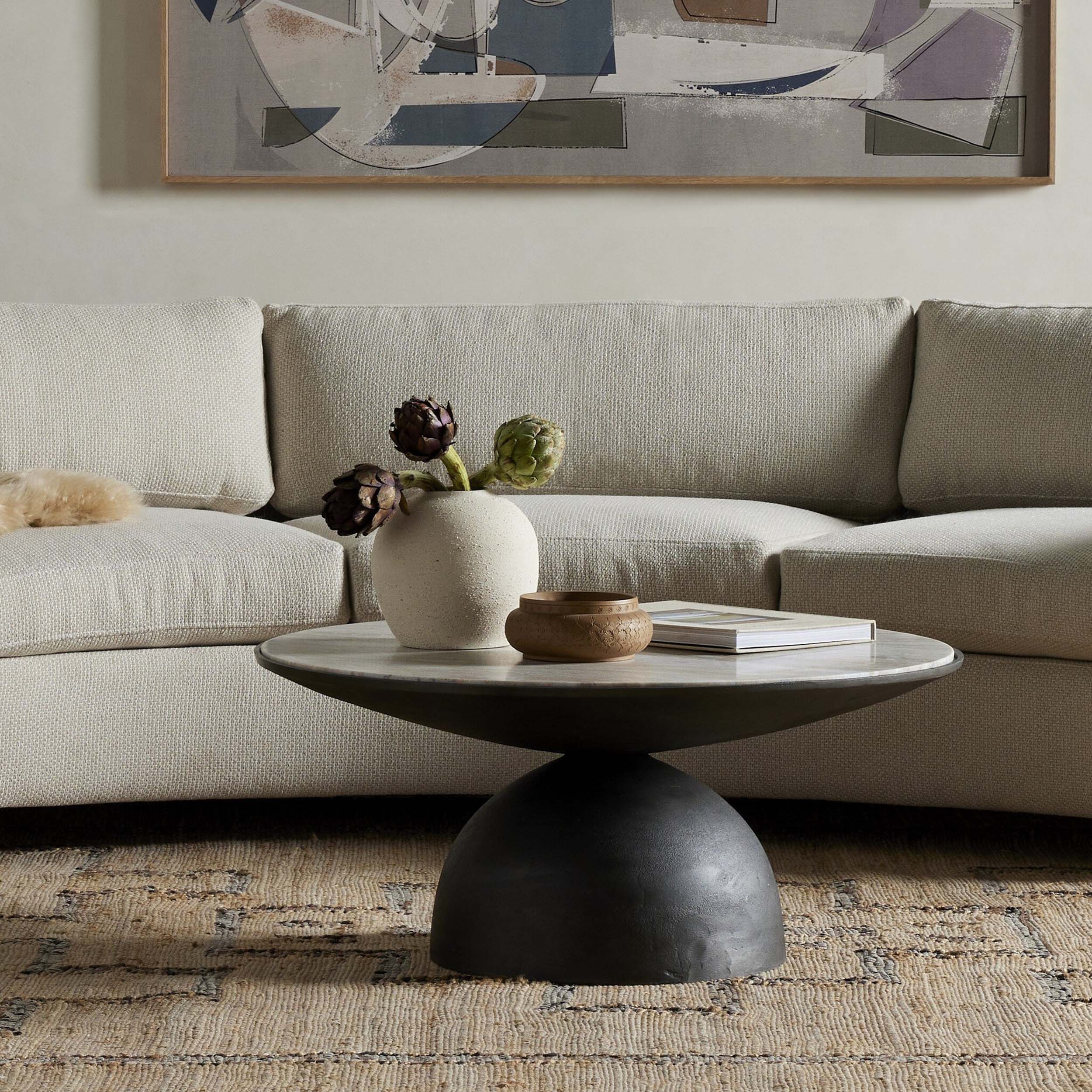 Corbett Coffee Table, Creamy Taupe Marble, Hammered Grey