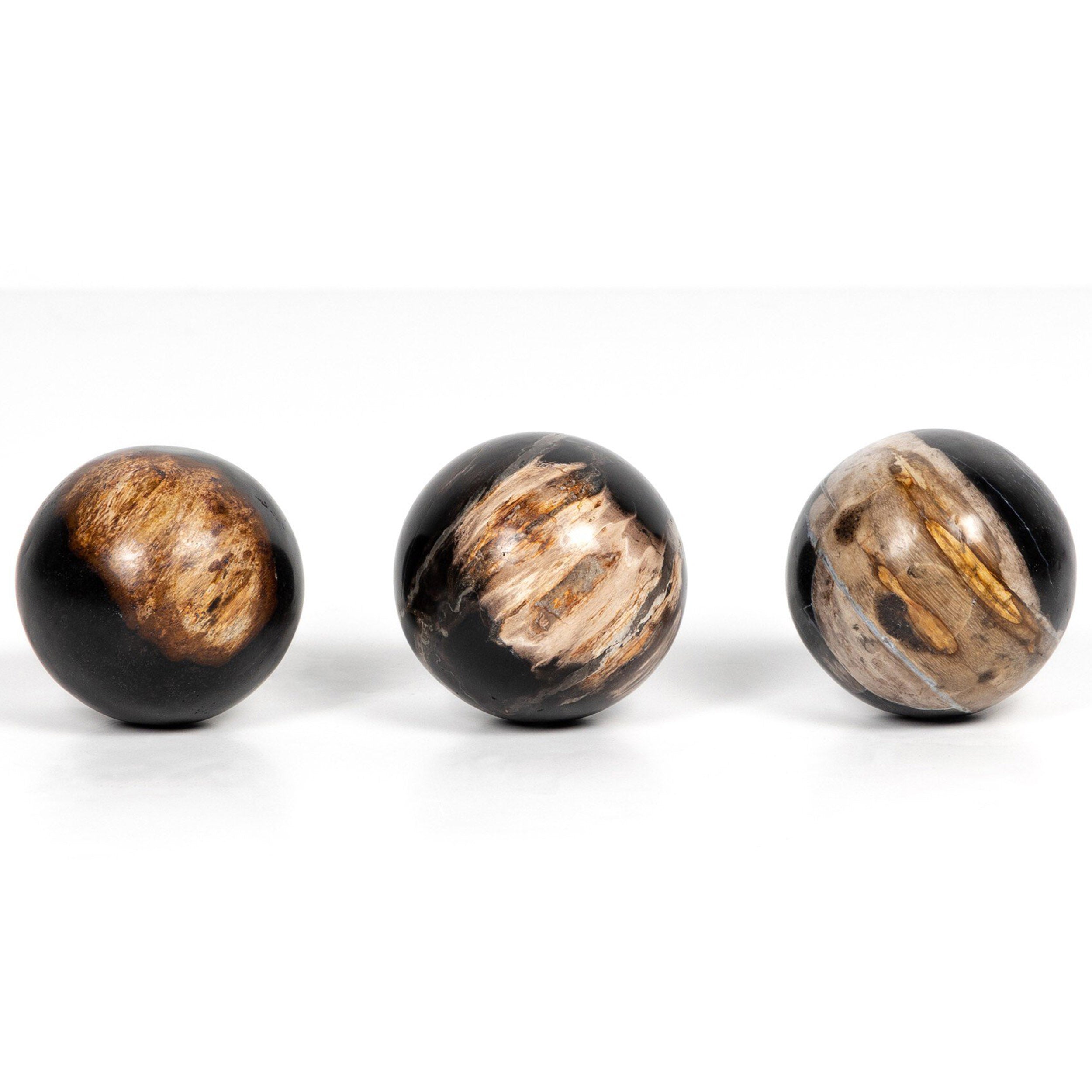 Petrified Wood Balls, Set Of 3, Dark Petrified Wood