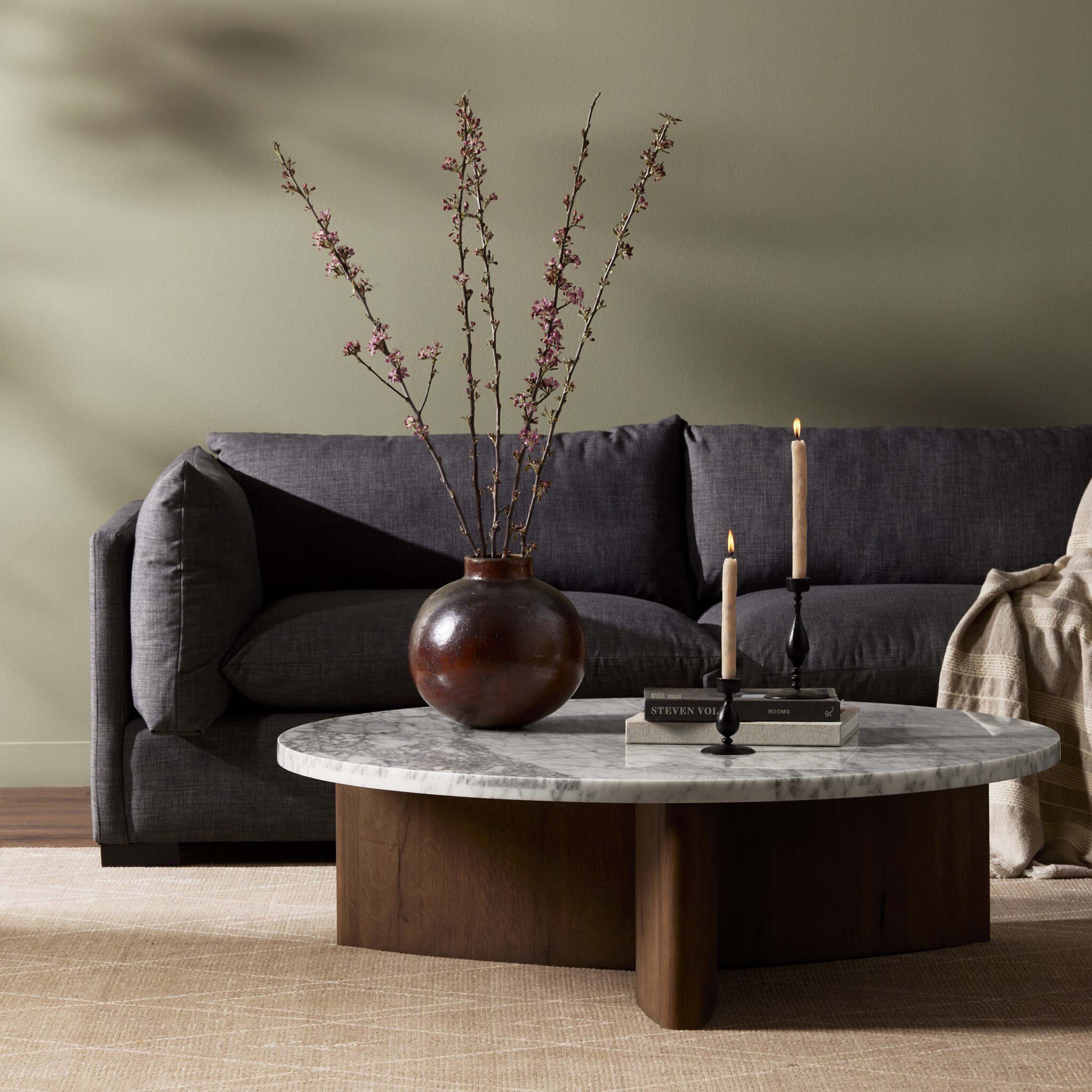 Toli Coffee Table, Italian White Marble, Rustic Fawn