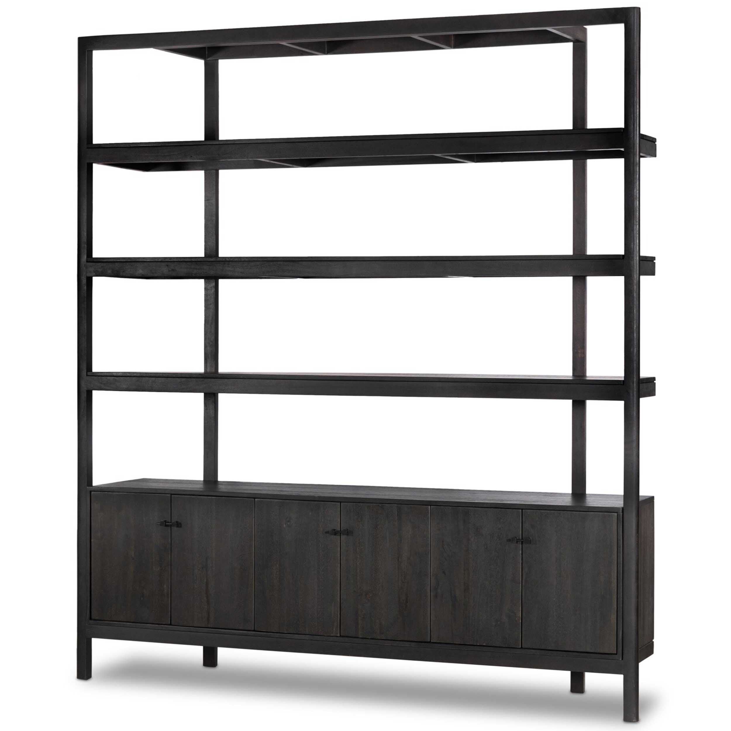 Reza Wide Bookcase, Worn Black Acacia
