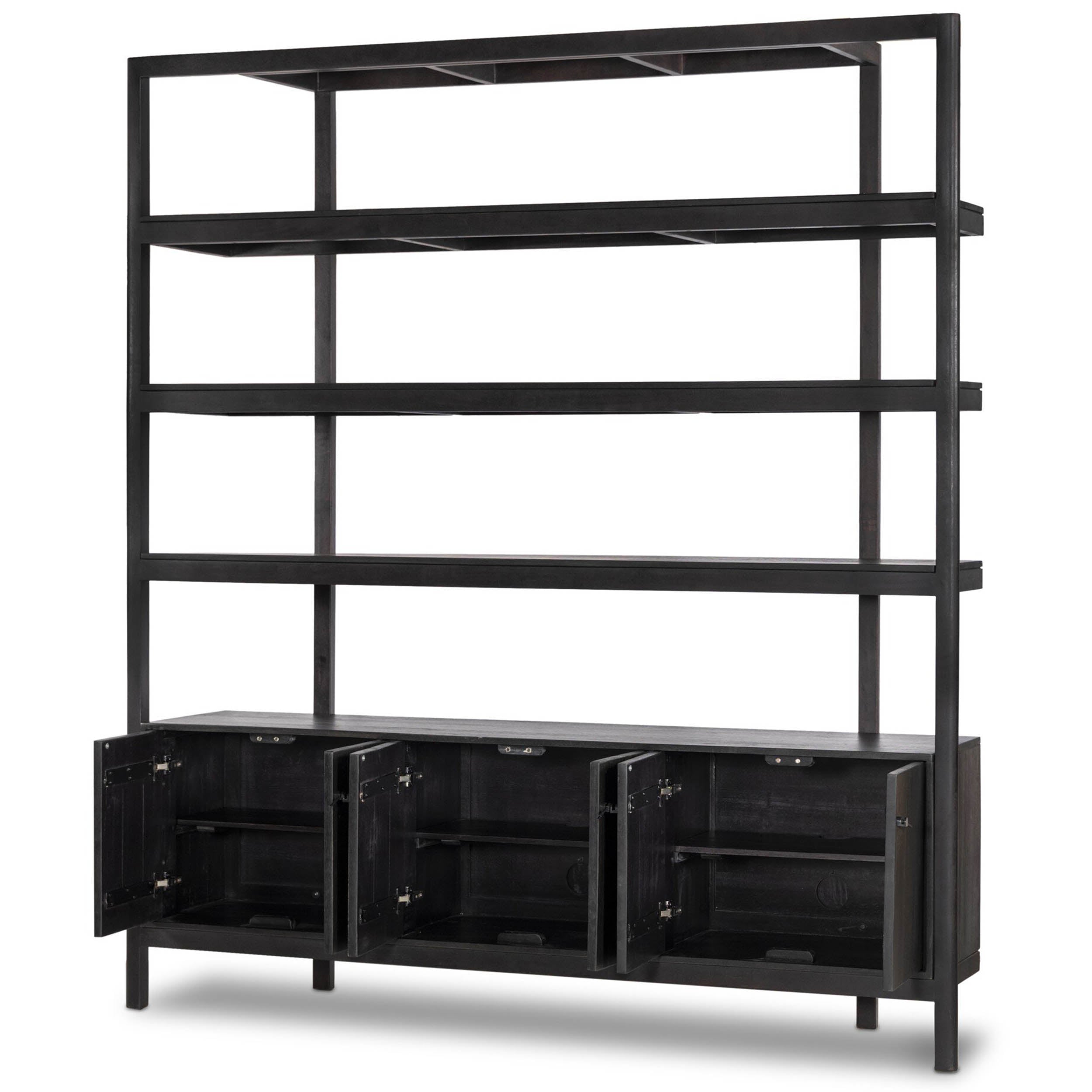 Reza Wide Bookcase, Worn Black Acacia