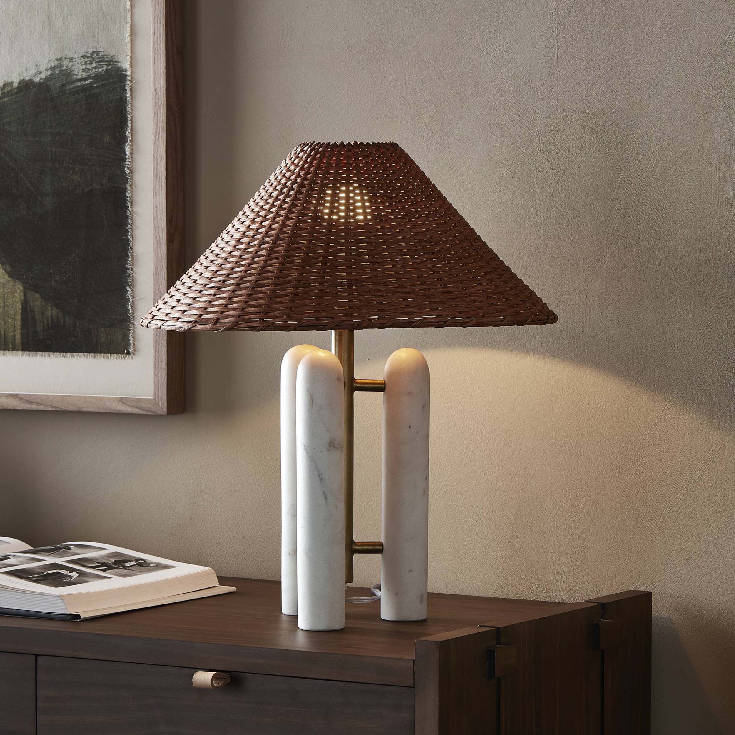 Medici Table Lamp, Charcoal and White Marble, Brown Rattan