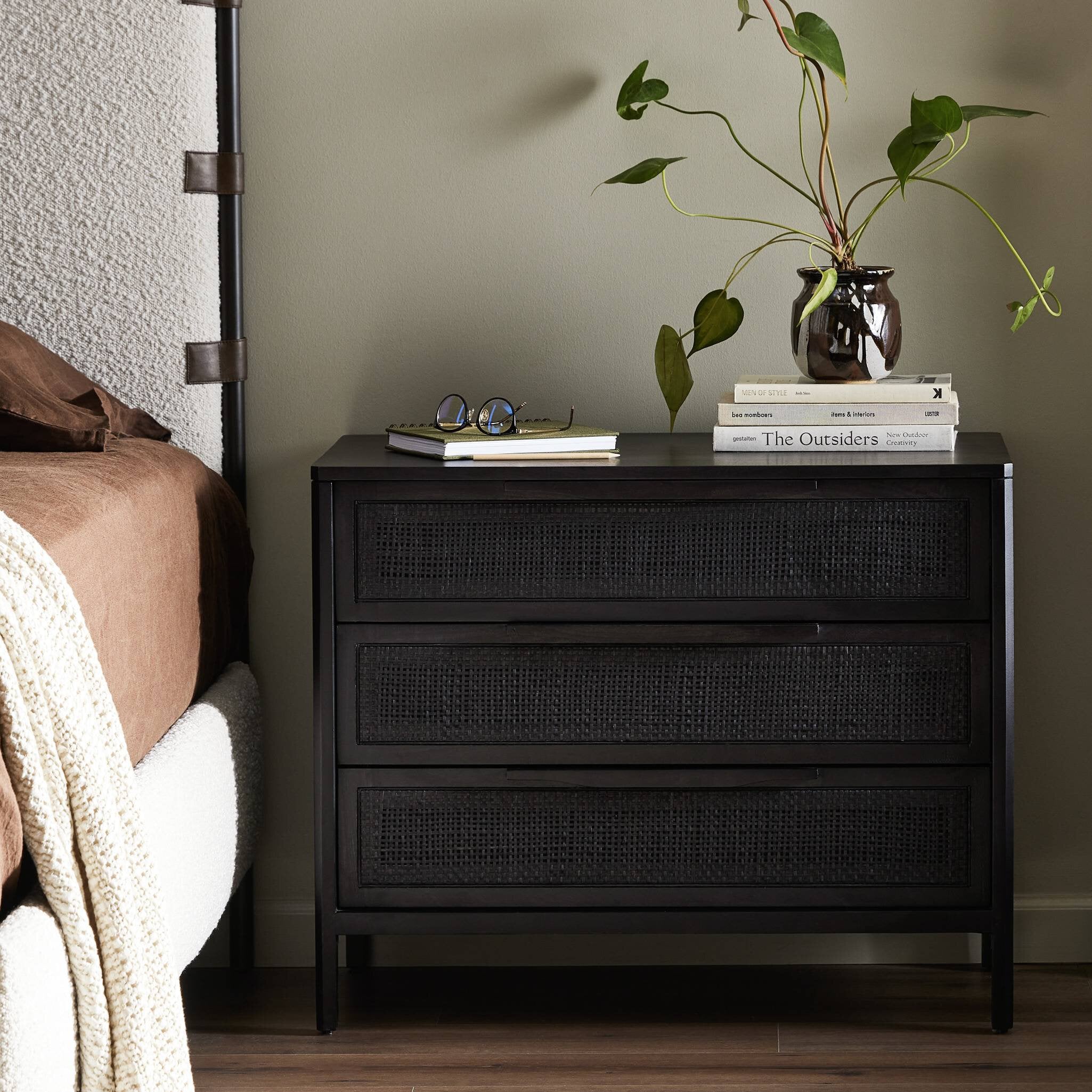 Sydney Large Nightstand, Black Wash/Black Cane