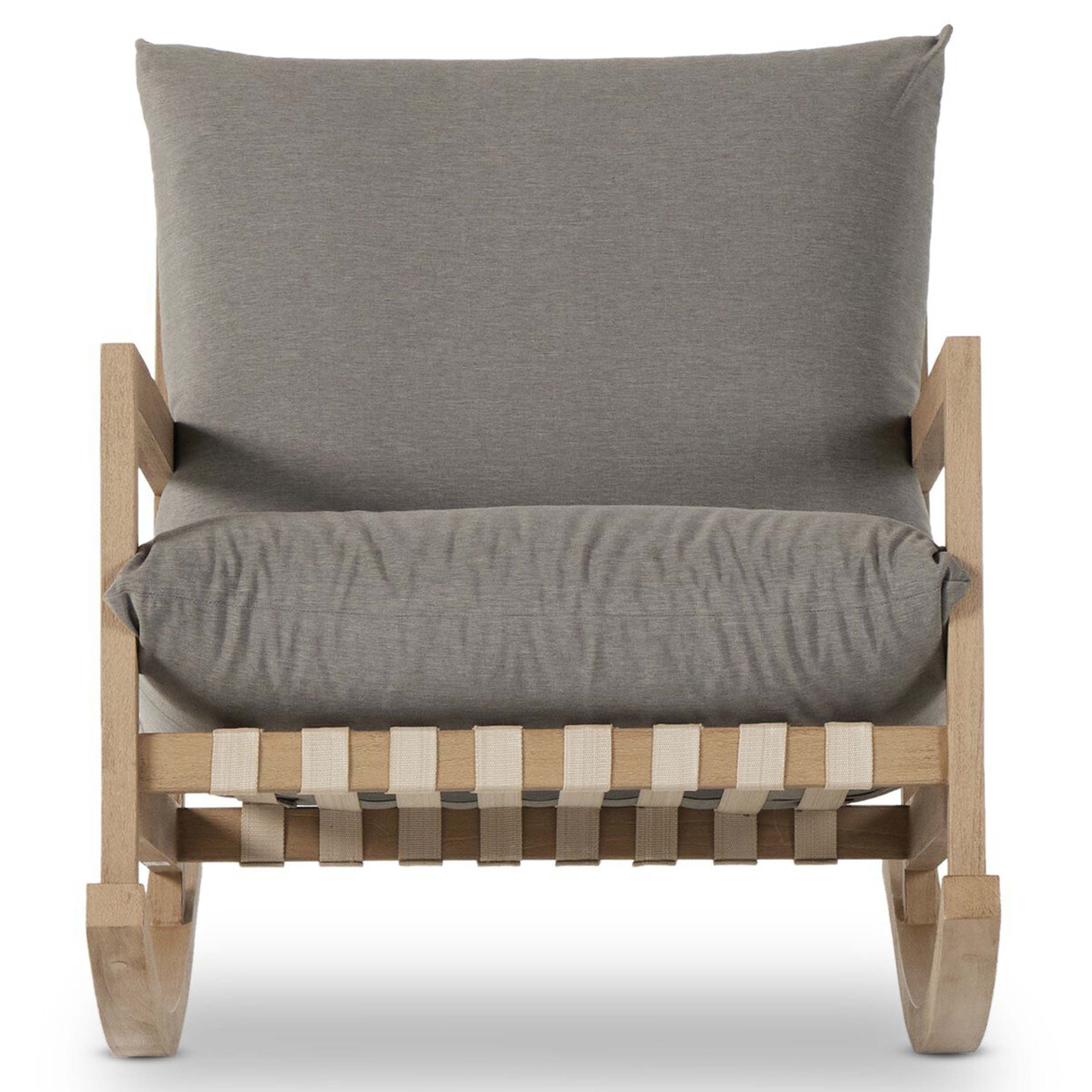 Aiken Outdoor Rocking Chair, Venao Charcoal with gray cushions and woven straps, perfect for outdoor lounging.