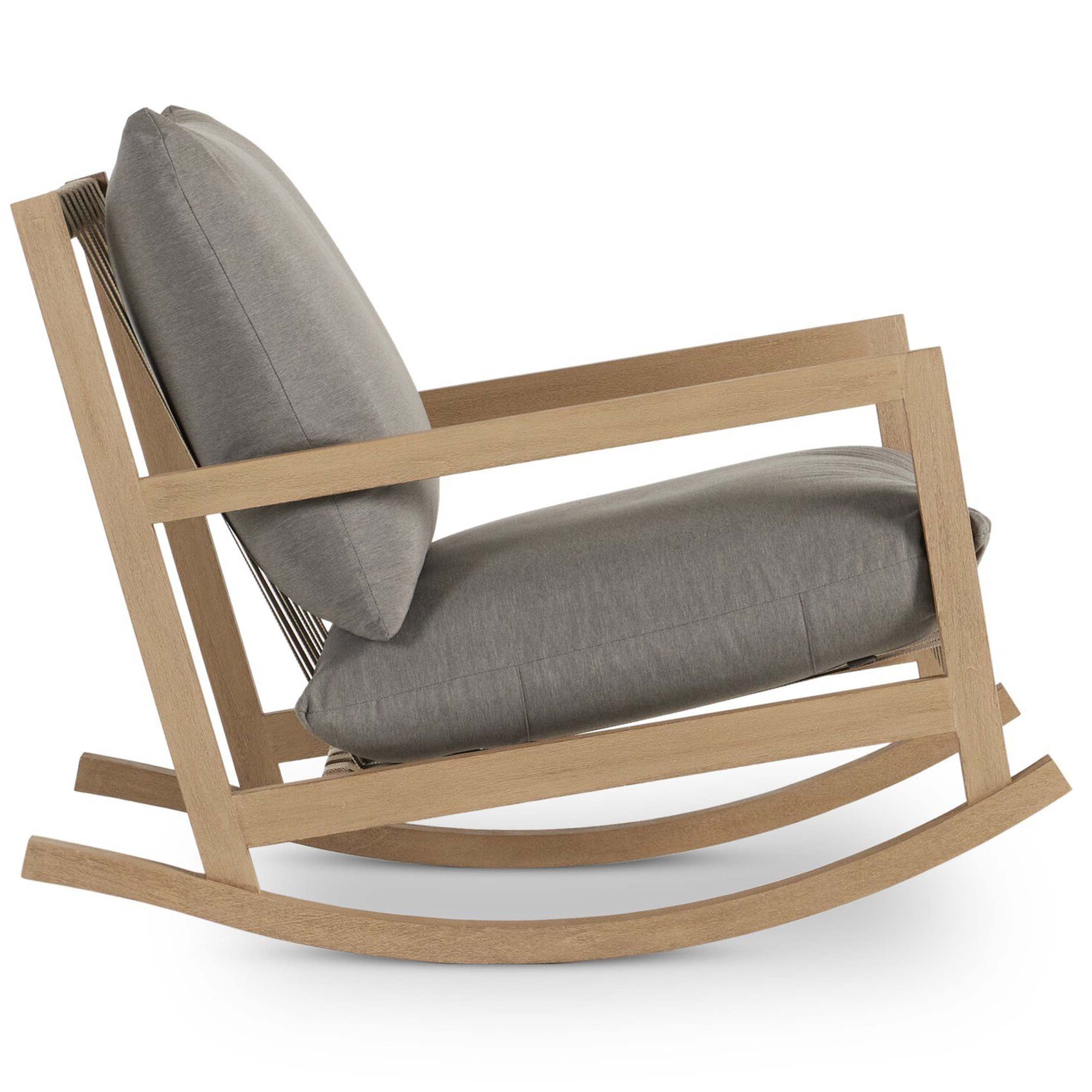 Aiken Outdoor Rocking Chair, Venao Charcoal side view showcasing wooden frame and soft gray cushions.