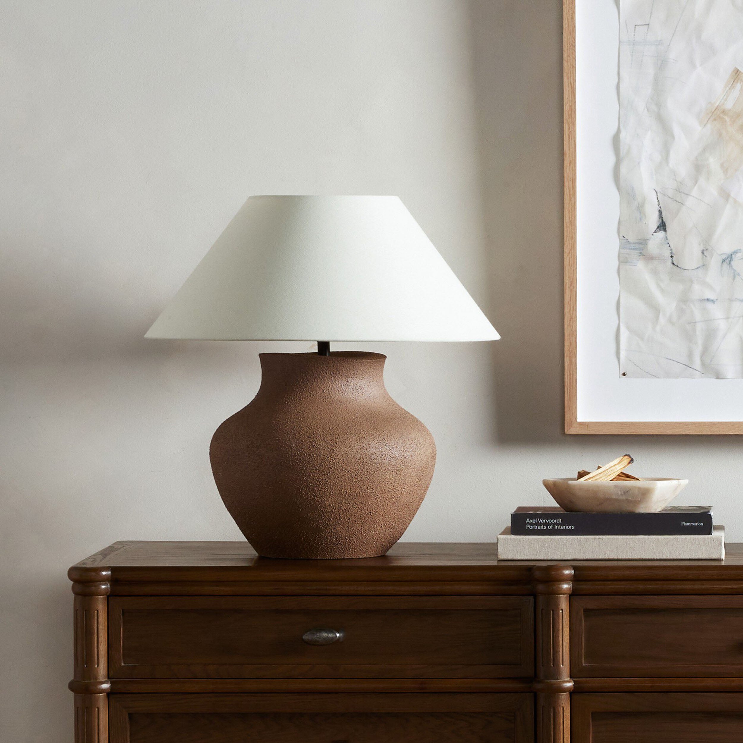 Parma Table Lamp, Textured Dark Sand Porcelain, Ivory Linen