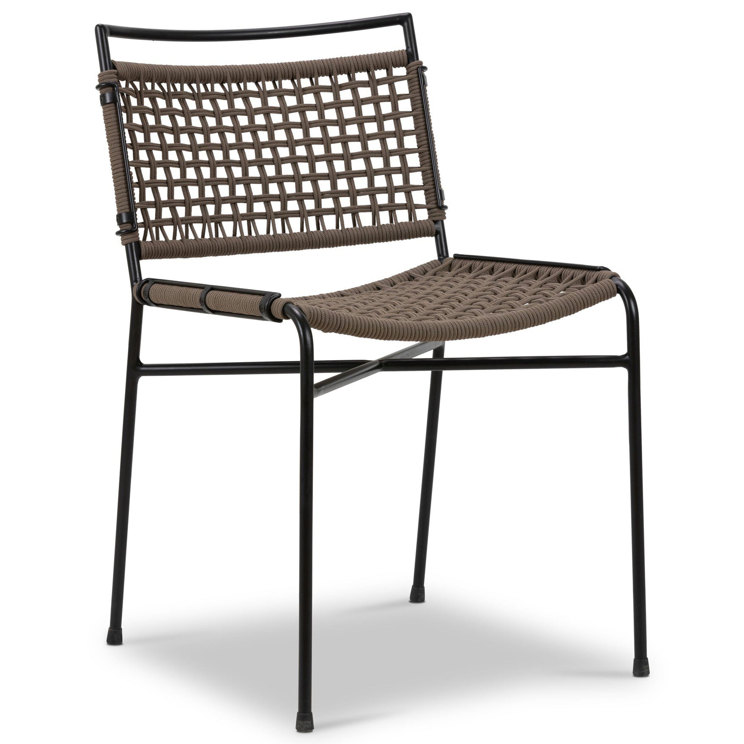 Wharton Outdoor Dining Chair, Earth Rope, Set of 2 featuring a sleek design with woven fabric and black iron frame.