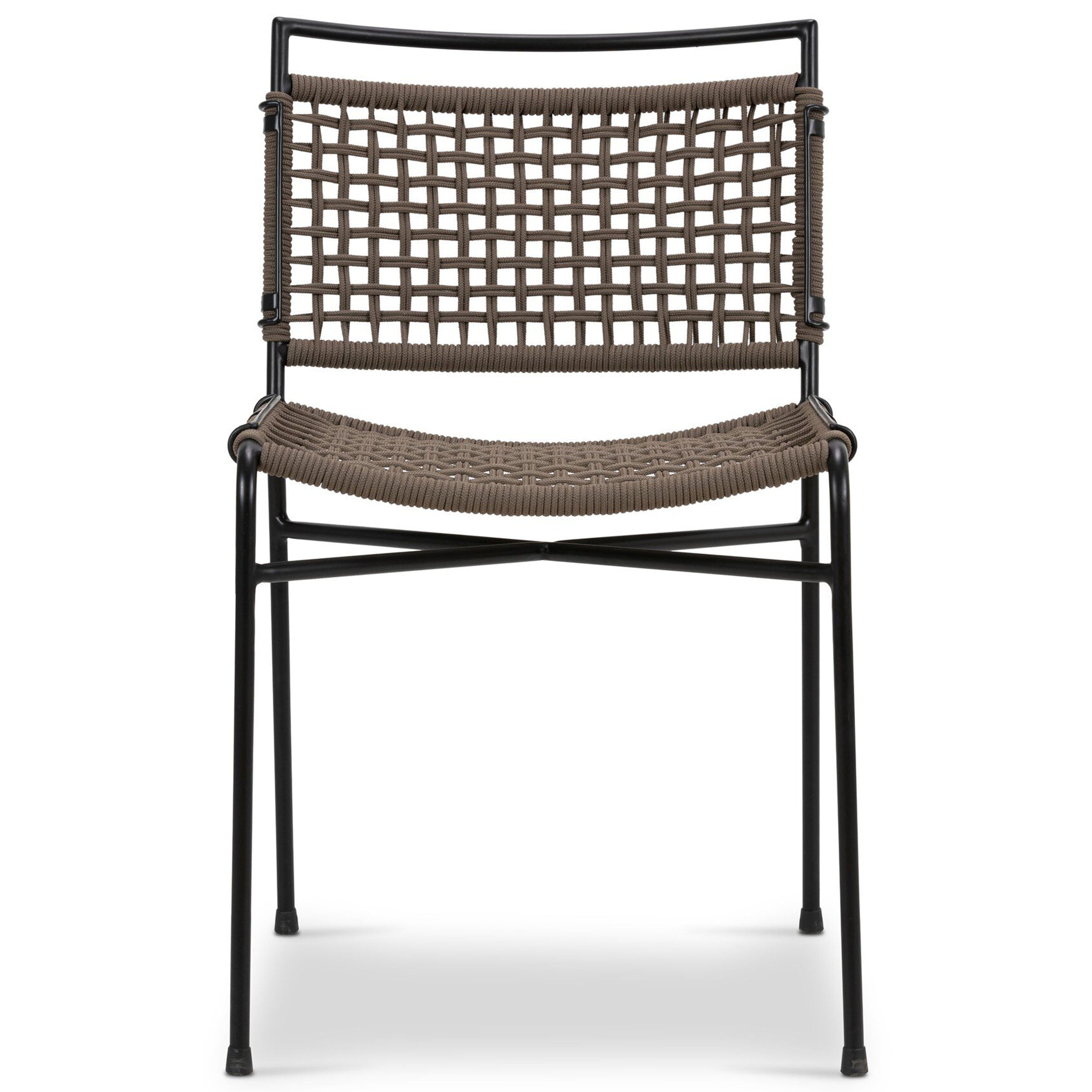 Wharton Outdoor Dining Chair, Earth Rope, Set of 2 with a woven design and slender iron frame for outdoor dining.