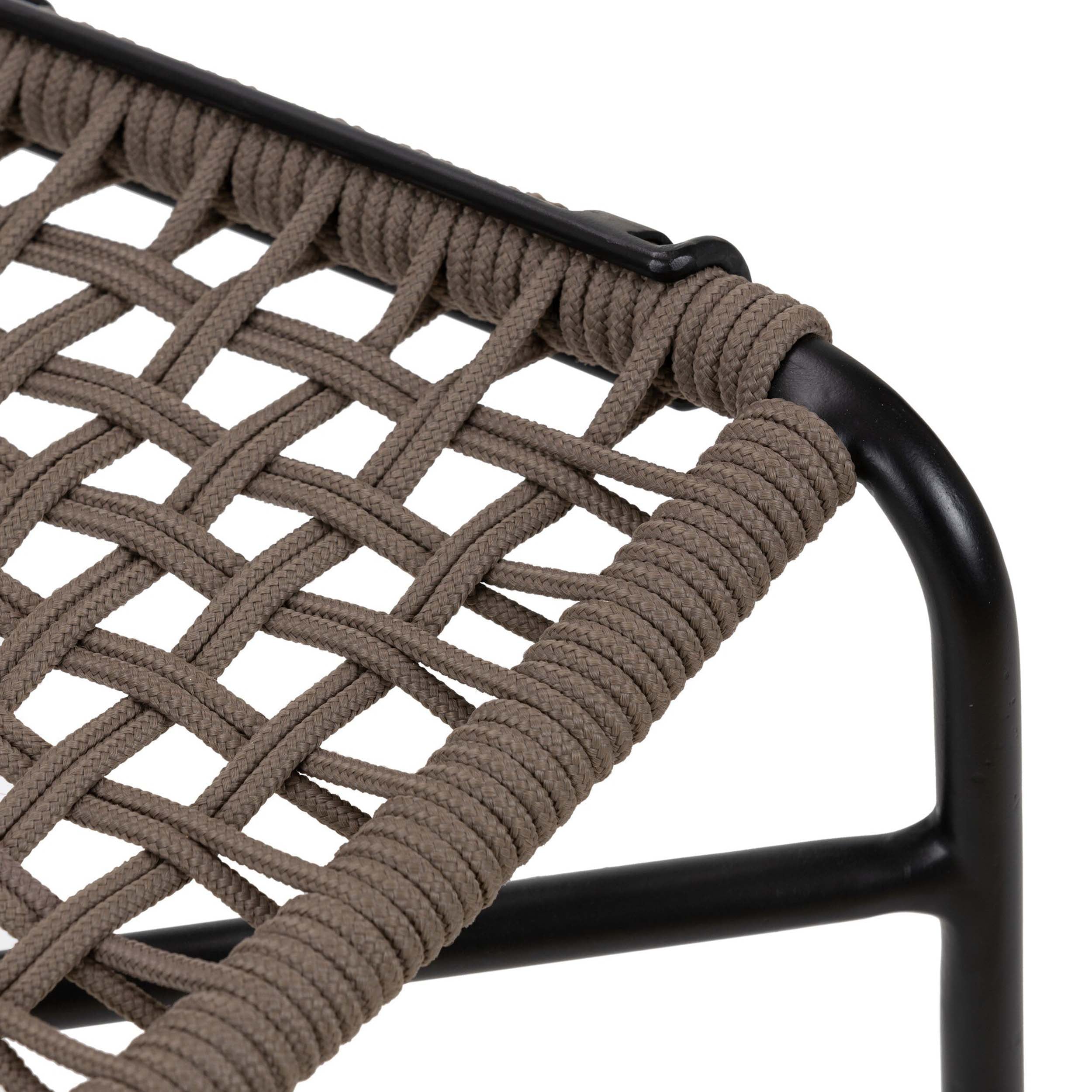 Wharton Outdoor Dining Chair, Earth Rope, Set of 2 close-up of woven seat detail and black iron frame.