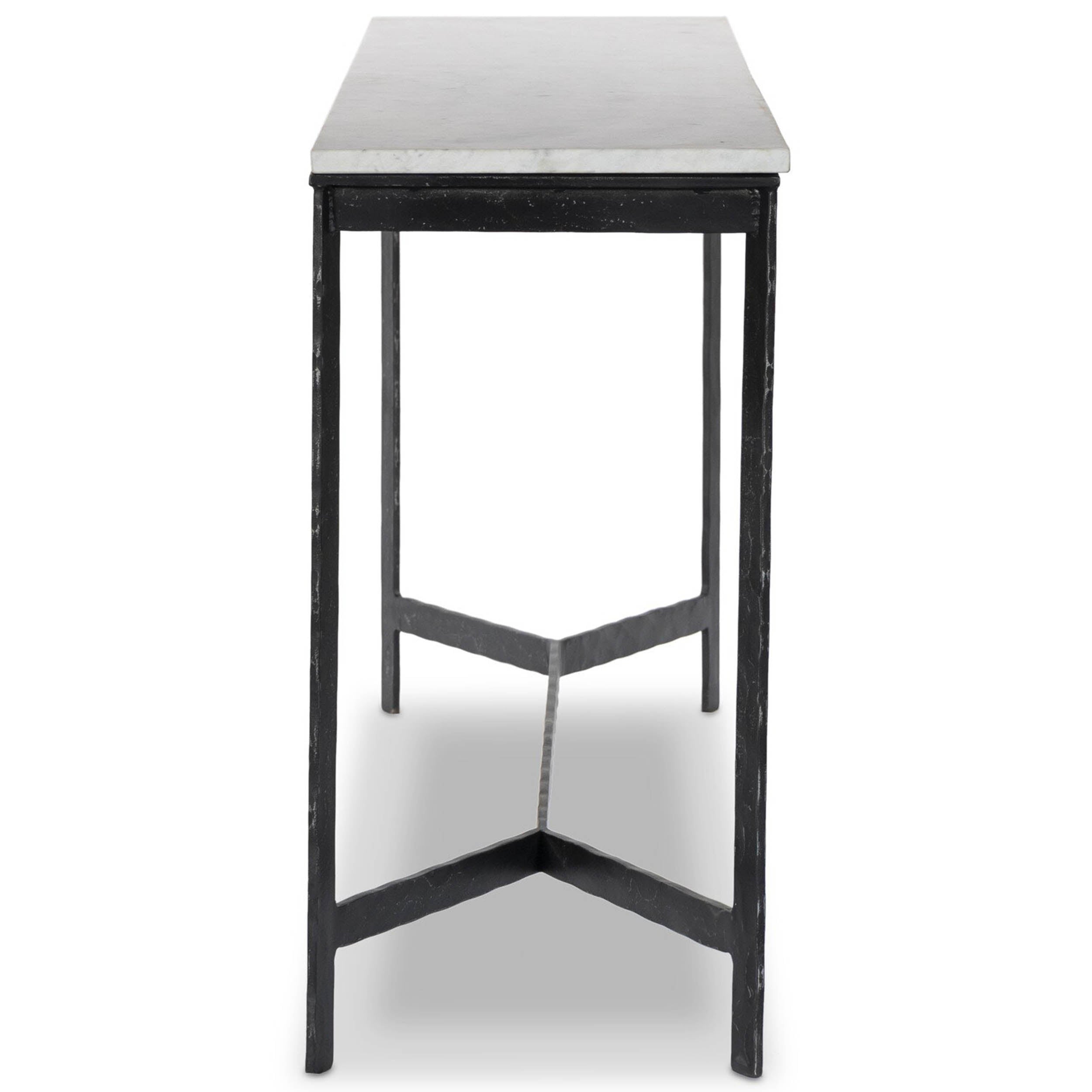 Hammered Iron Console Table, White Marble, Hammered Black Iron