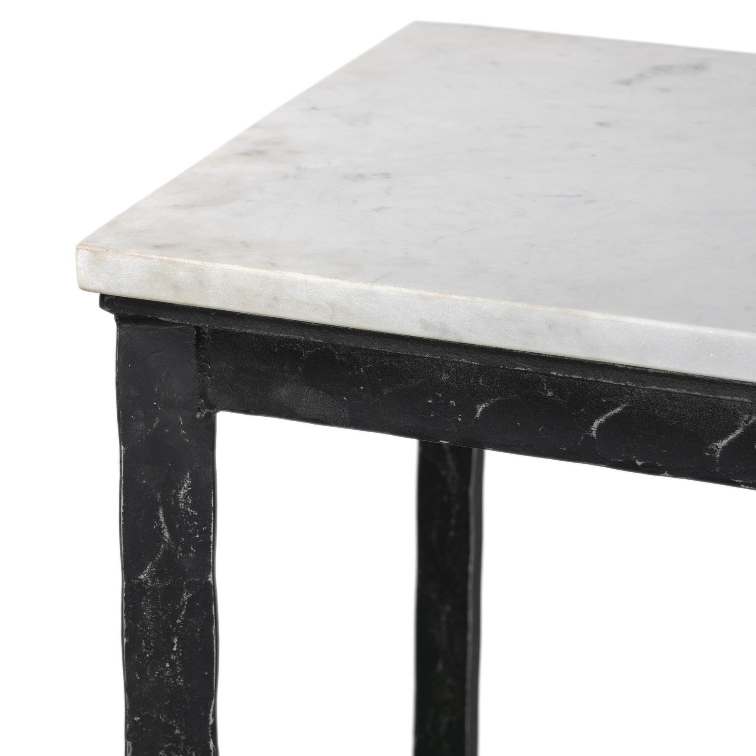 Hammered Iron Console Table, White Marble, Hammered Black Iron