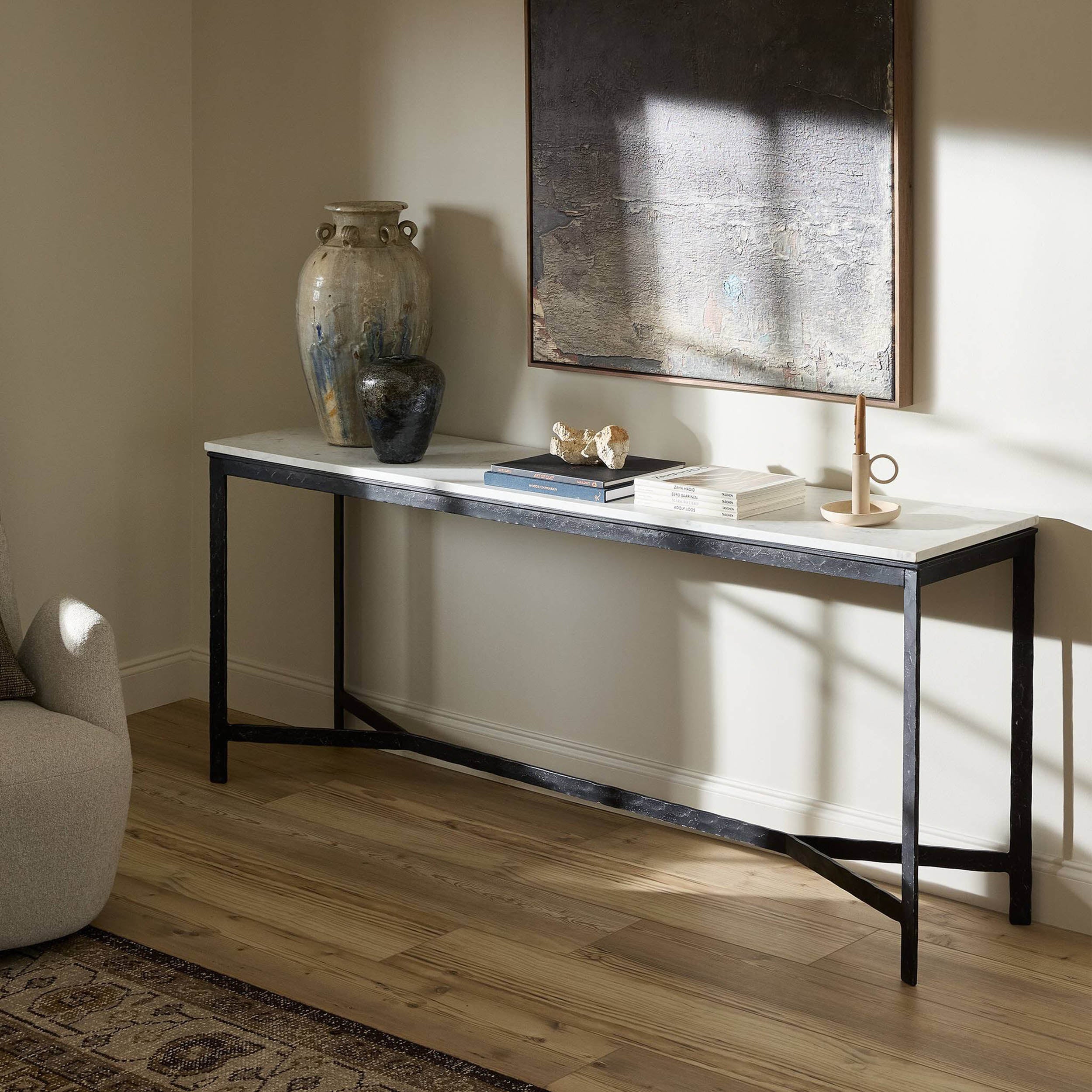 Hammered Iron Console Table, White Marble, Hammered Black Iron