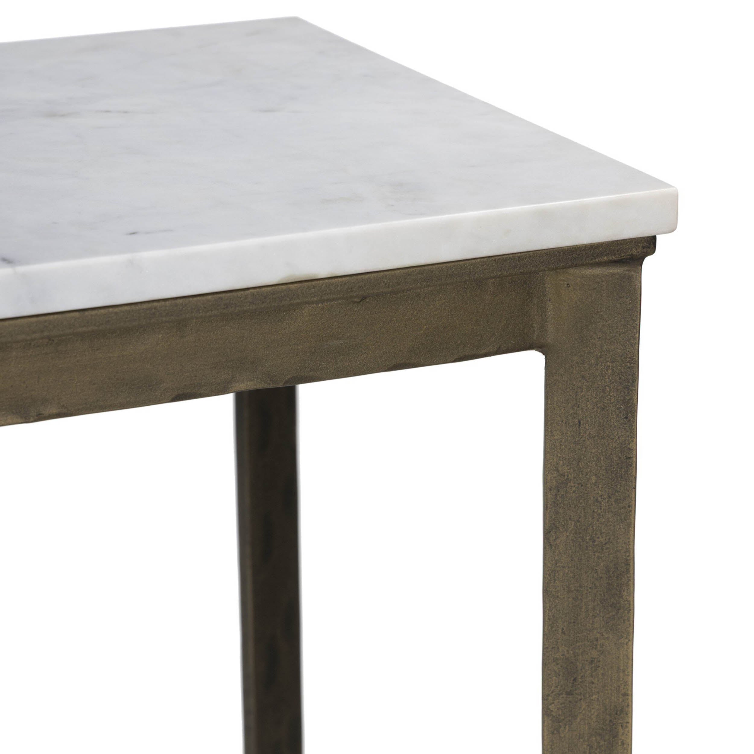 Hammered Iron Console Table, White Marble, Hammered Antique Brass