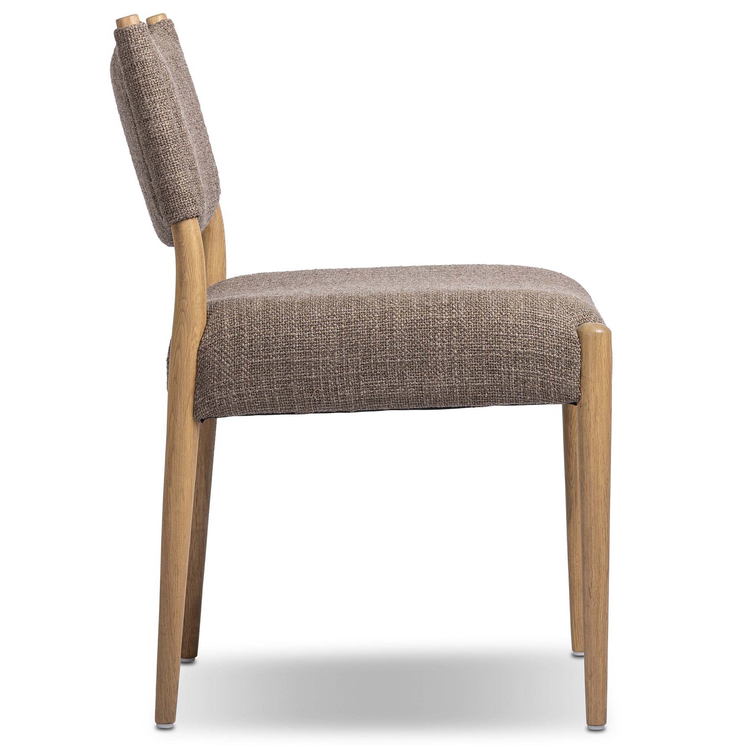 Jayla Armless Dining Chair, Saxon Mink, Set of 2 profile view showcasing the upholstered seat and natural oak legs.