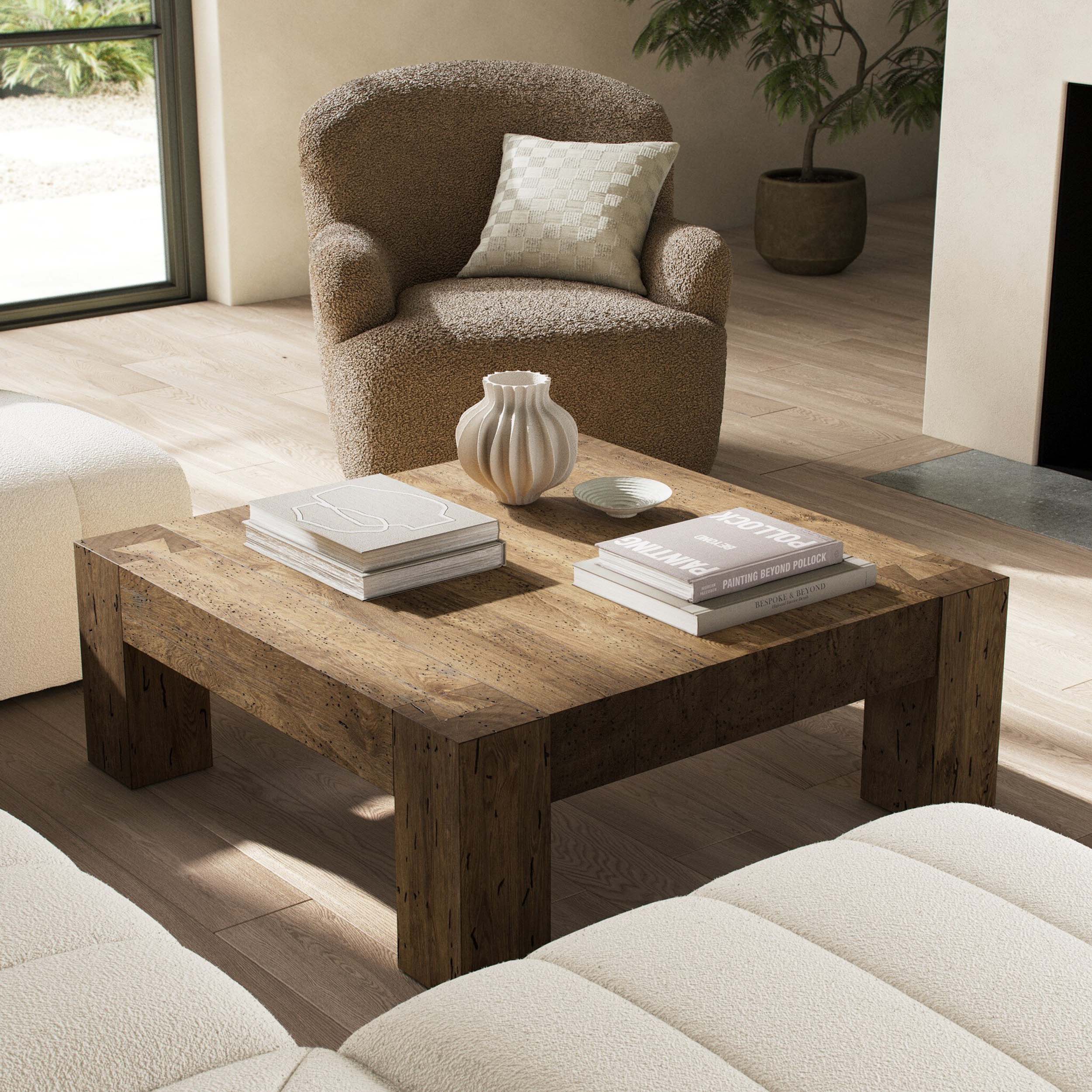 Abaso Small Square Coffee Table, Rustic Wormwood Oak