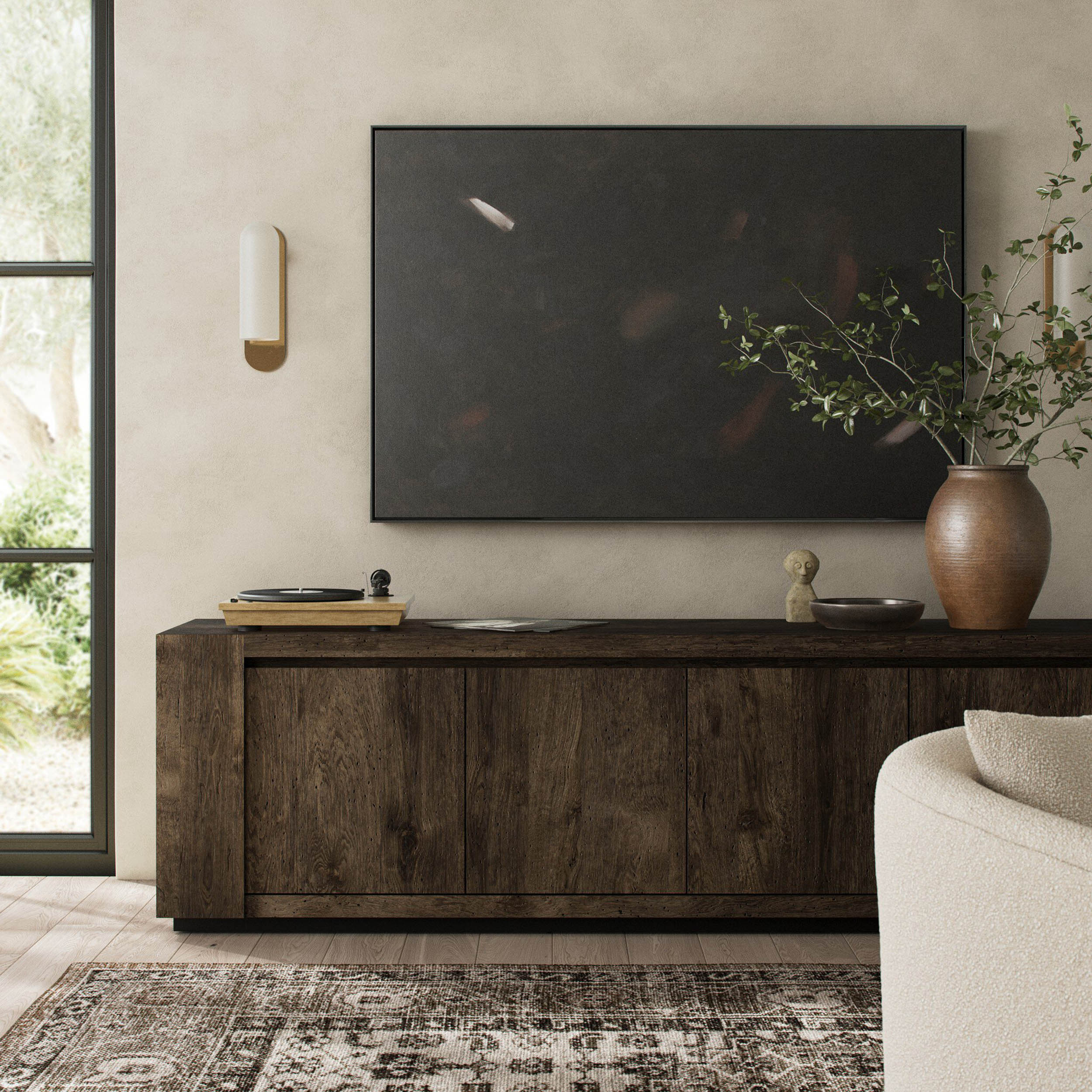 Abaso Media Console, Ebony Rustic Wormwood Oak