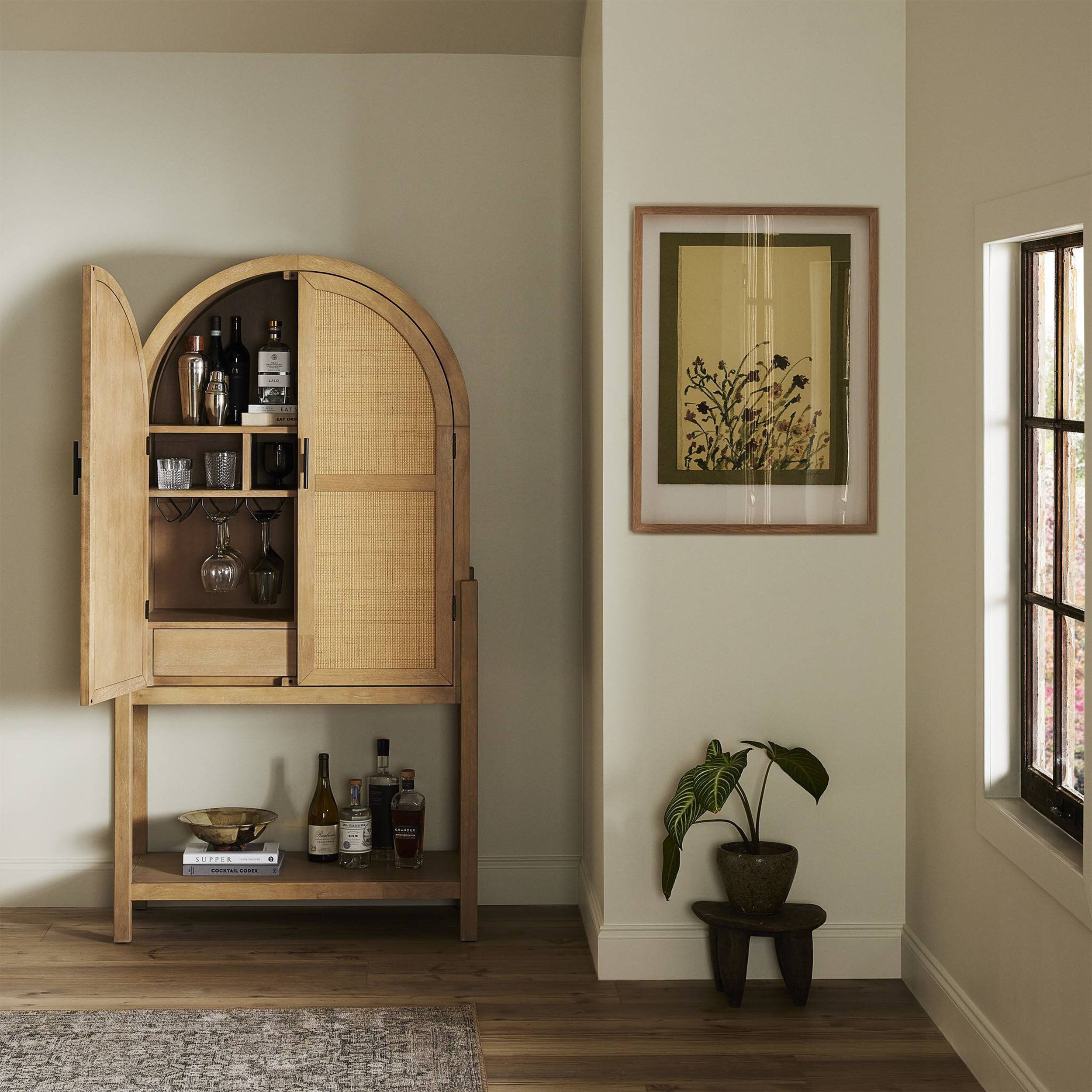 Caprice Tall Bar Cabinet, Light Natural Parawood Veneer