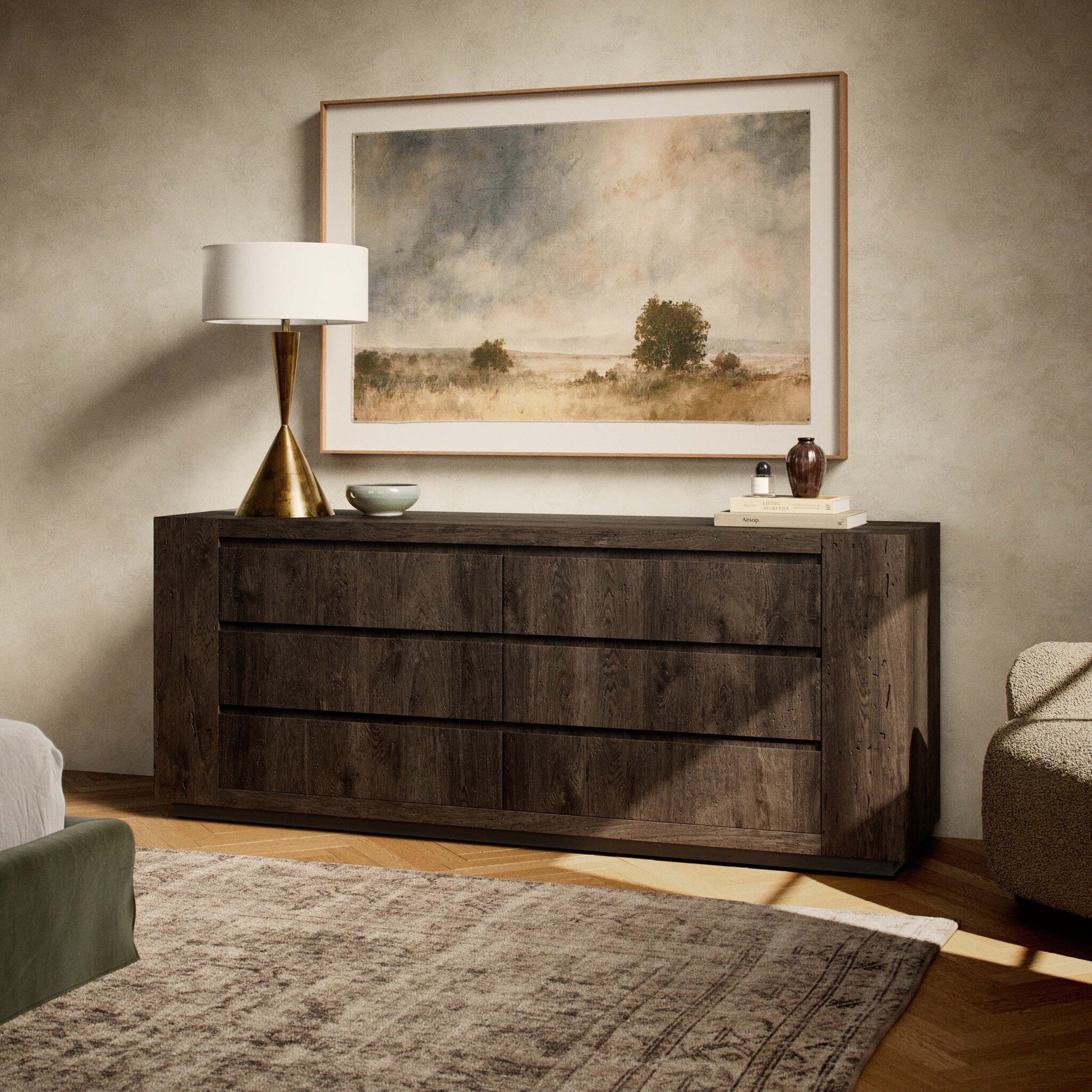 Abaso 6-Drawer Dresser, Ebony Rustic Wormwood Oak