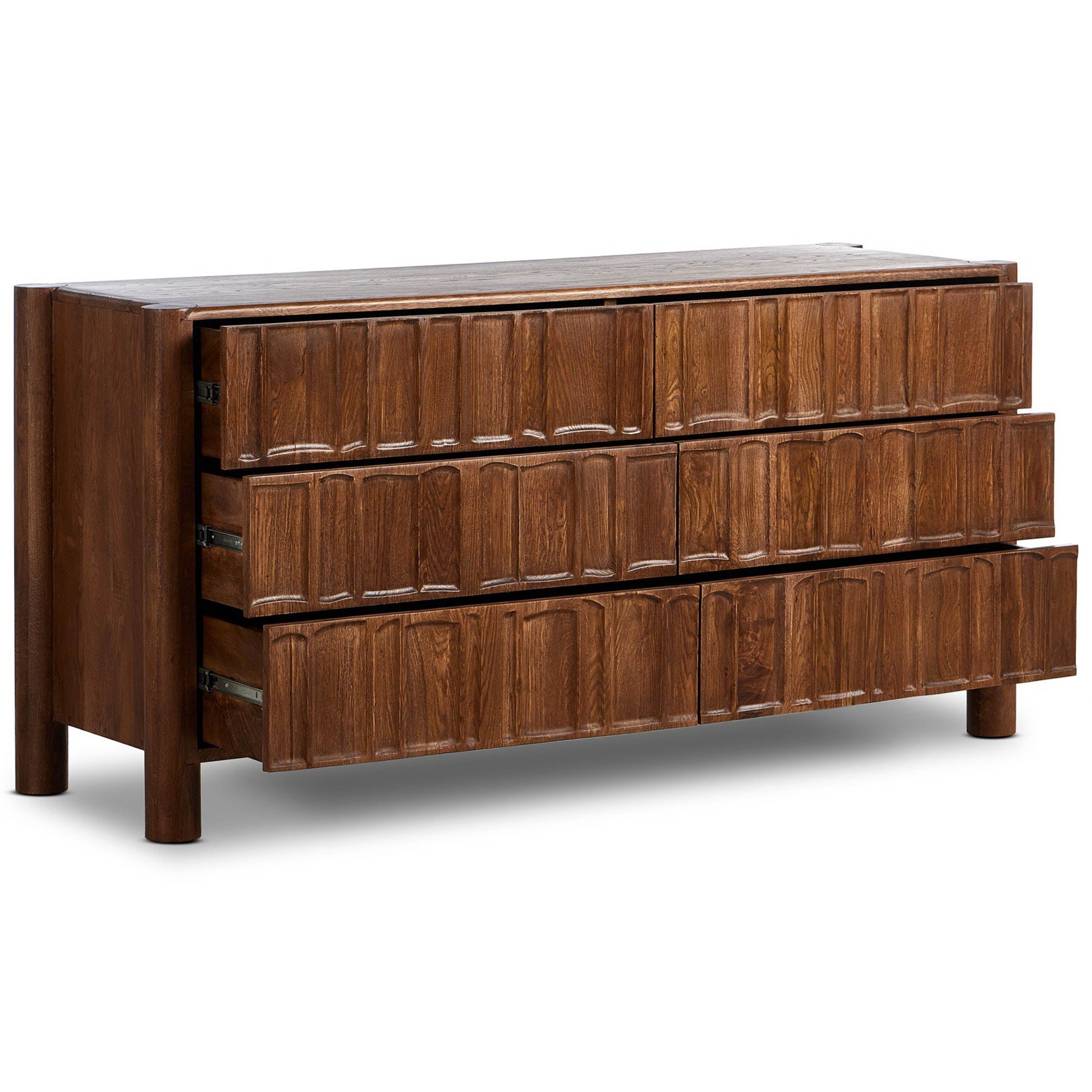 Ezri 6 Drawer Dresser, Carved Cocoa Oak