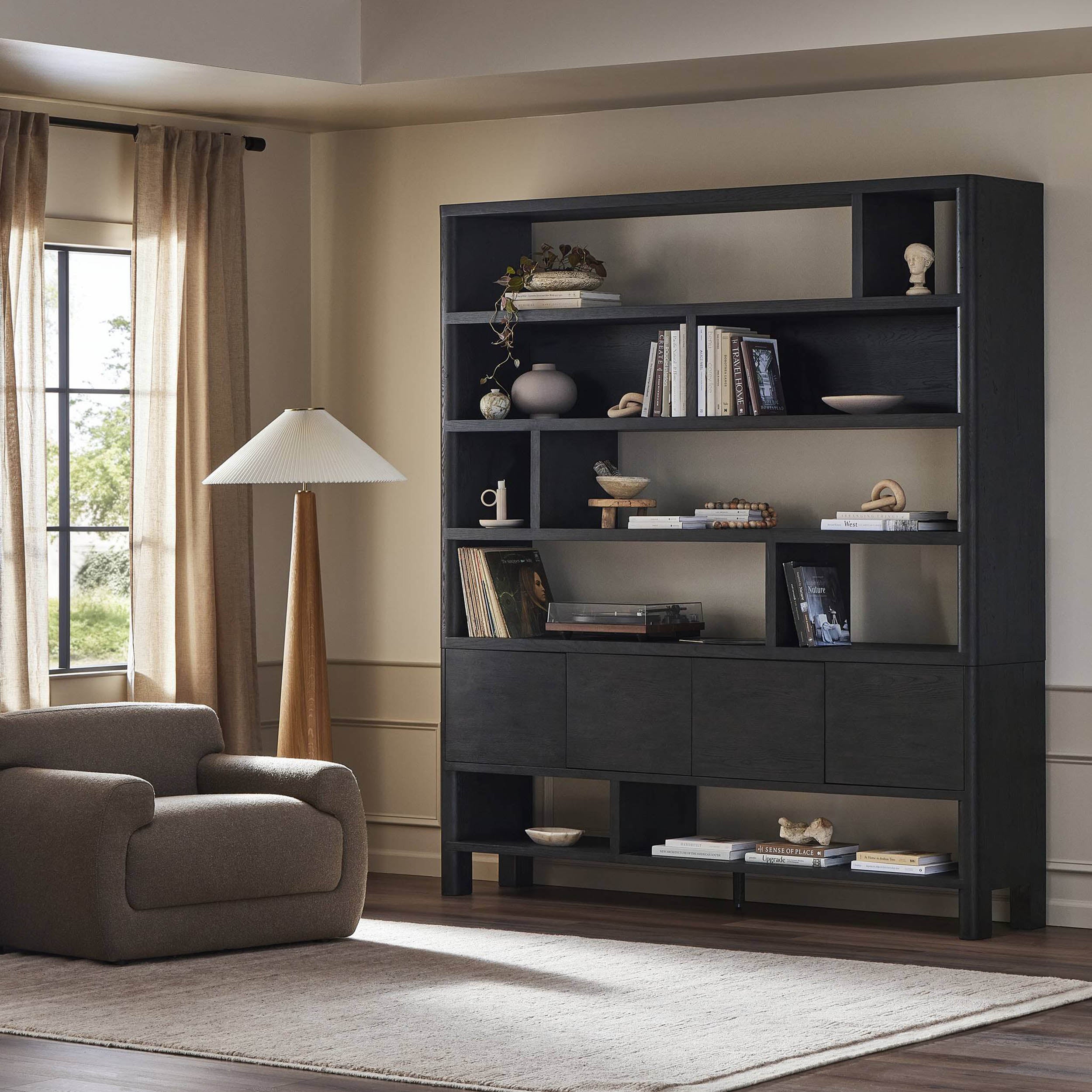 Noeline Wide Bookcase, Smoked Black Oak