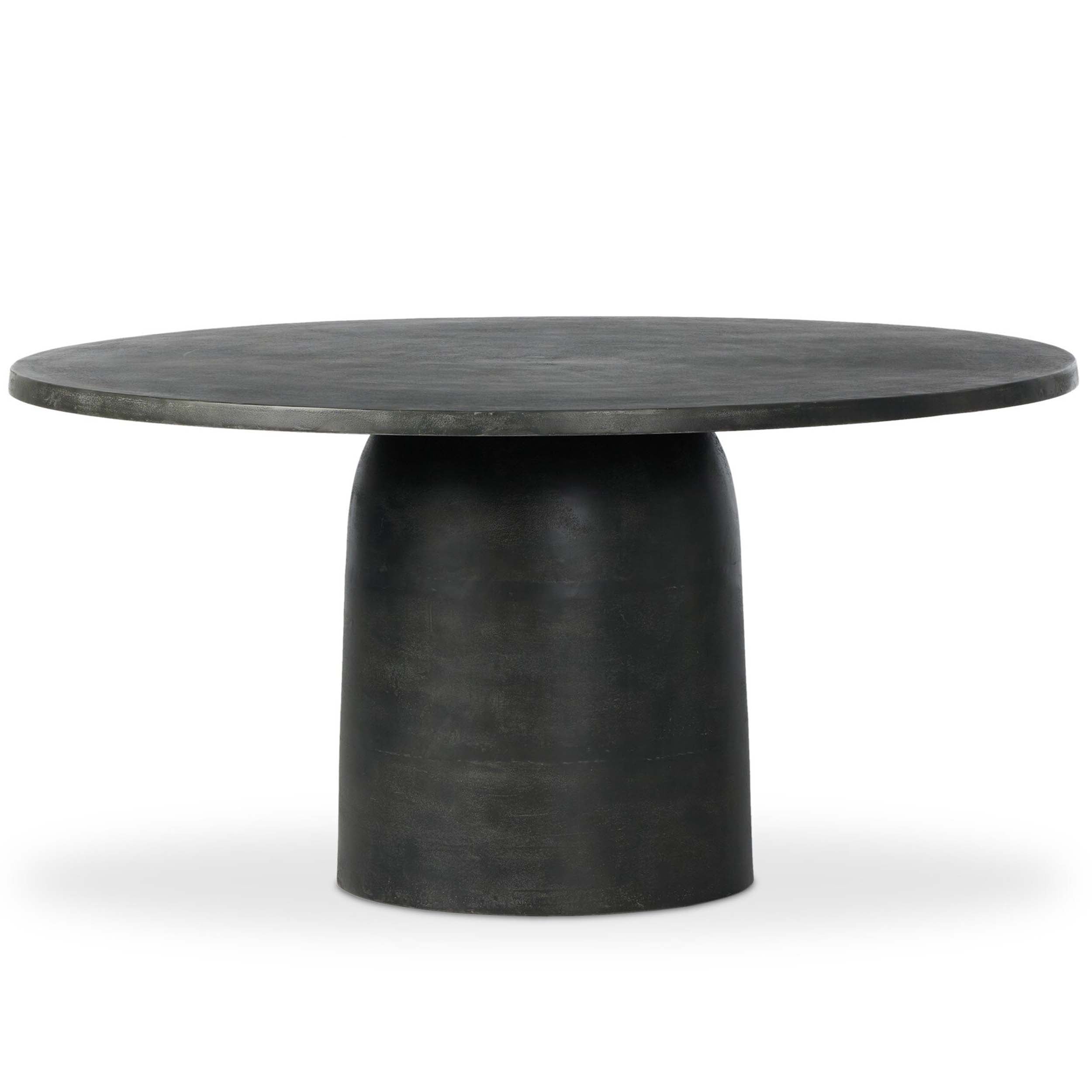 Basil Outdoor Dining Table 60", Aged Grey, featuring a round tabletop and pedestal base, perfect for indoor or outdoor use.