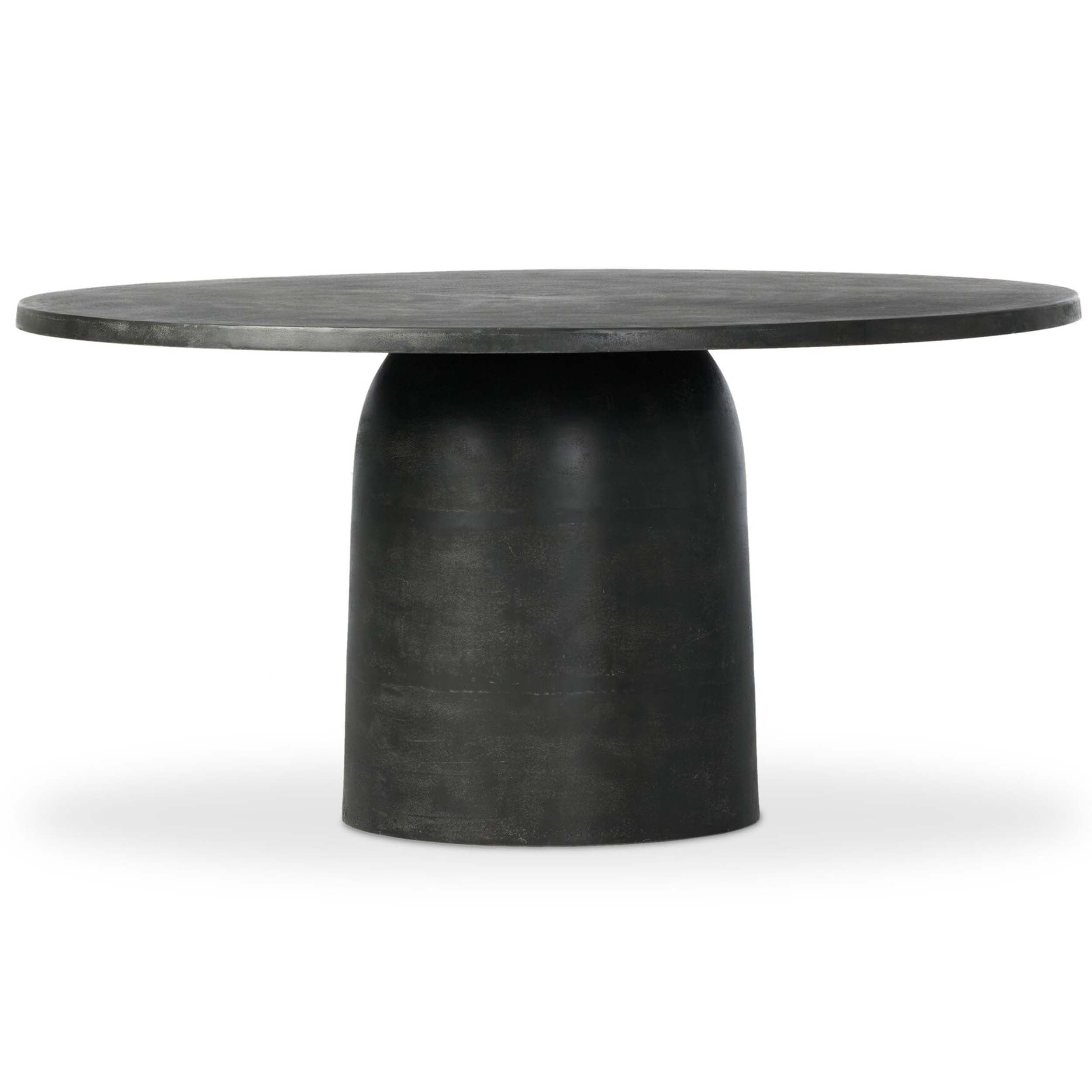 Basil Outdoor Dining Table 60", Aged Grey offers a sleek round tabletop on a pedestal base for modern dining.