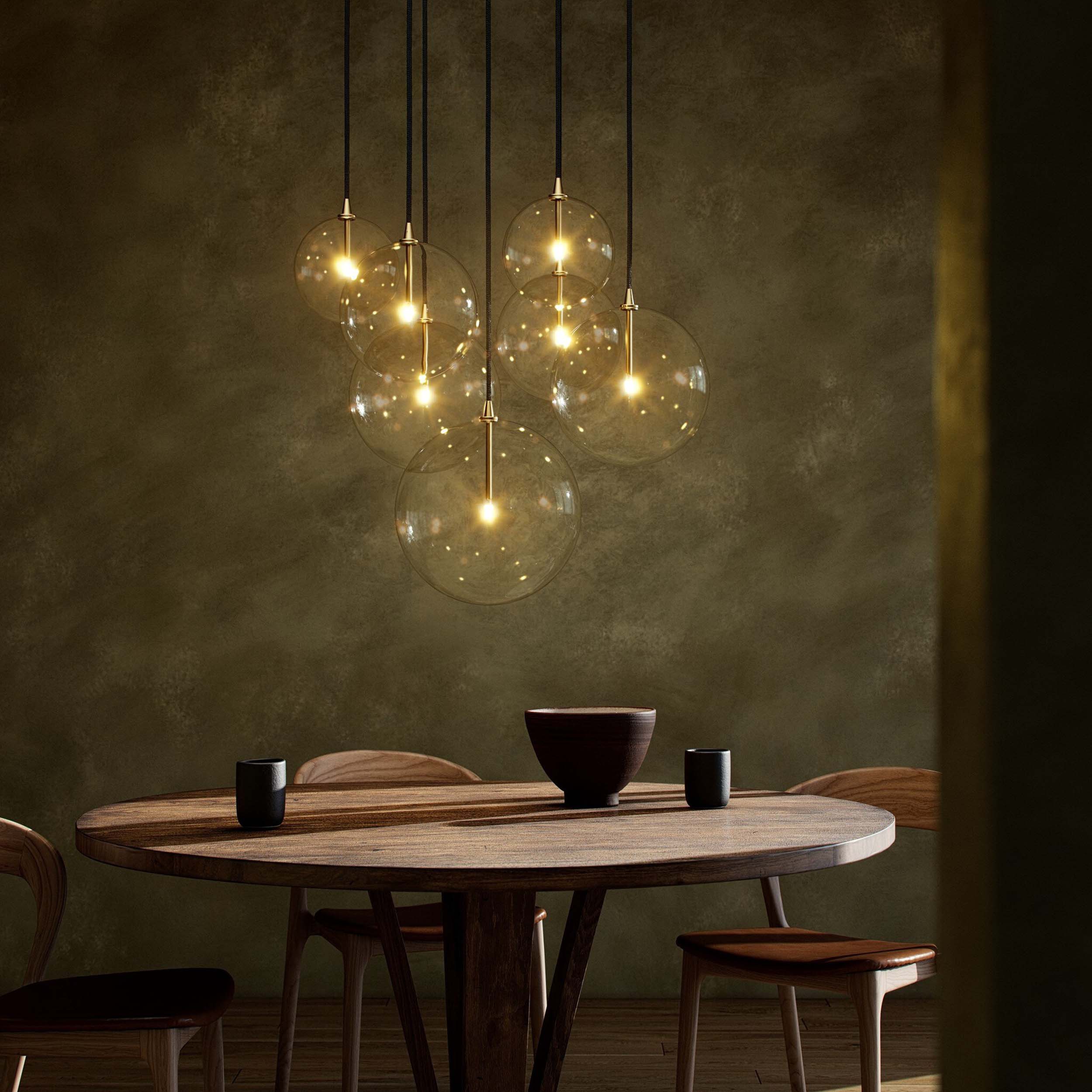 Cluster 7 Mix Chandelier, Clear Glass, Burnished Brass