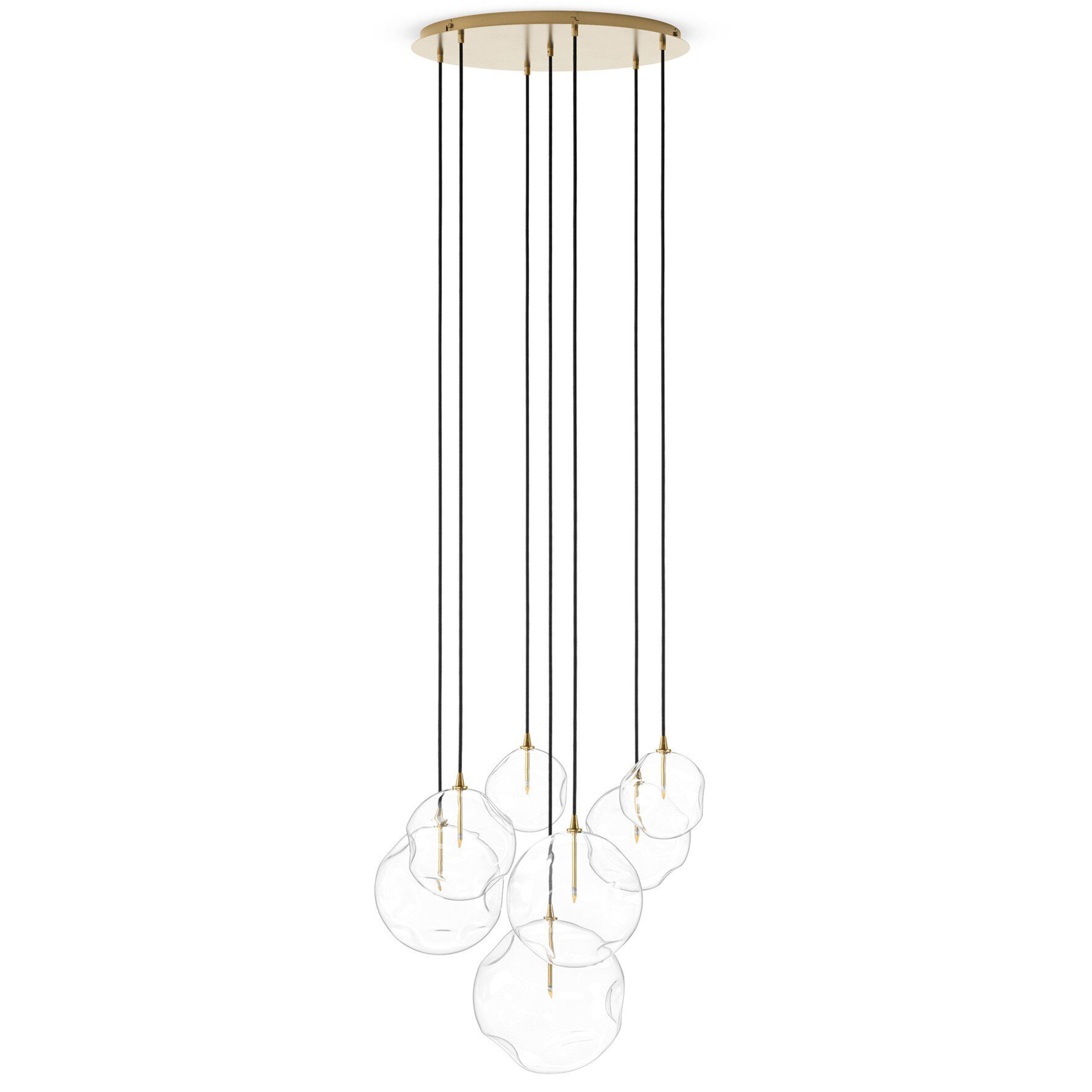 Cluster 7 Mix Chandelier, Organic Glass, Burnished Brass