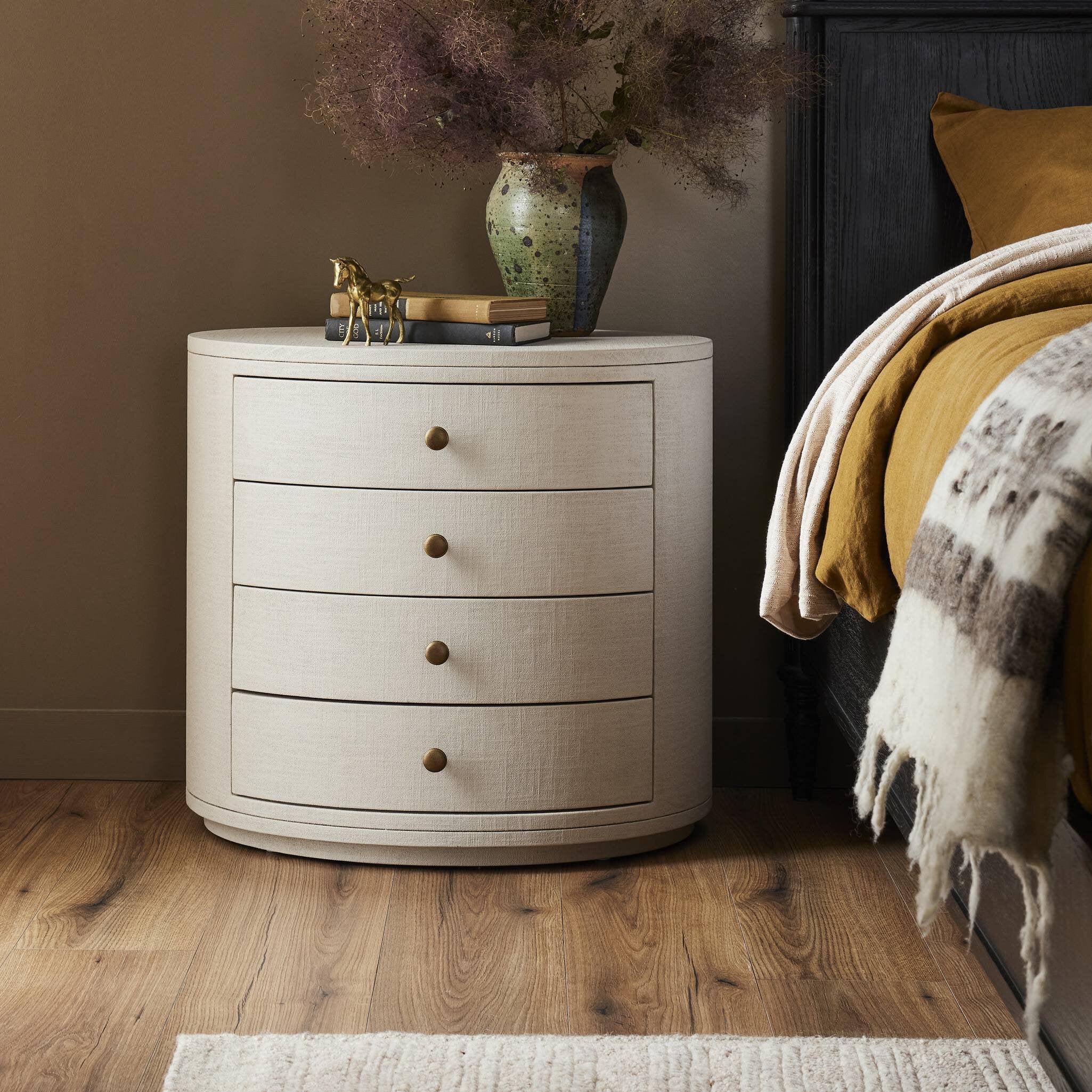 Amelia Oval Nightstand, Ivory Painted Linen