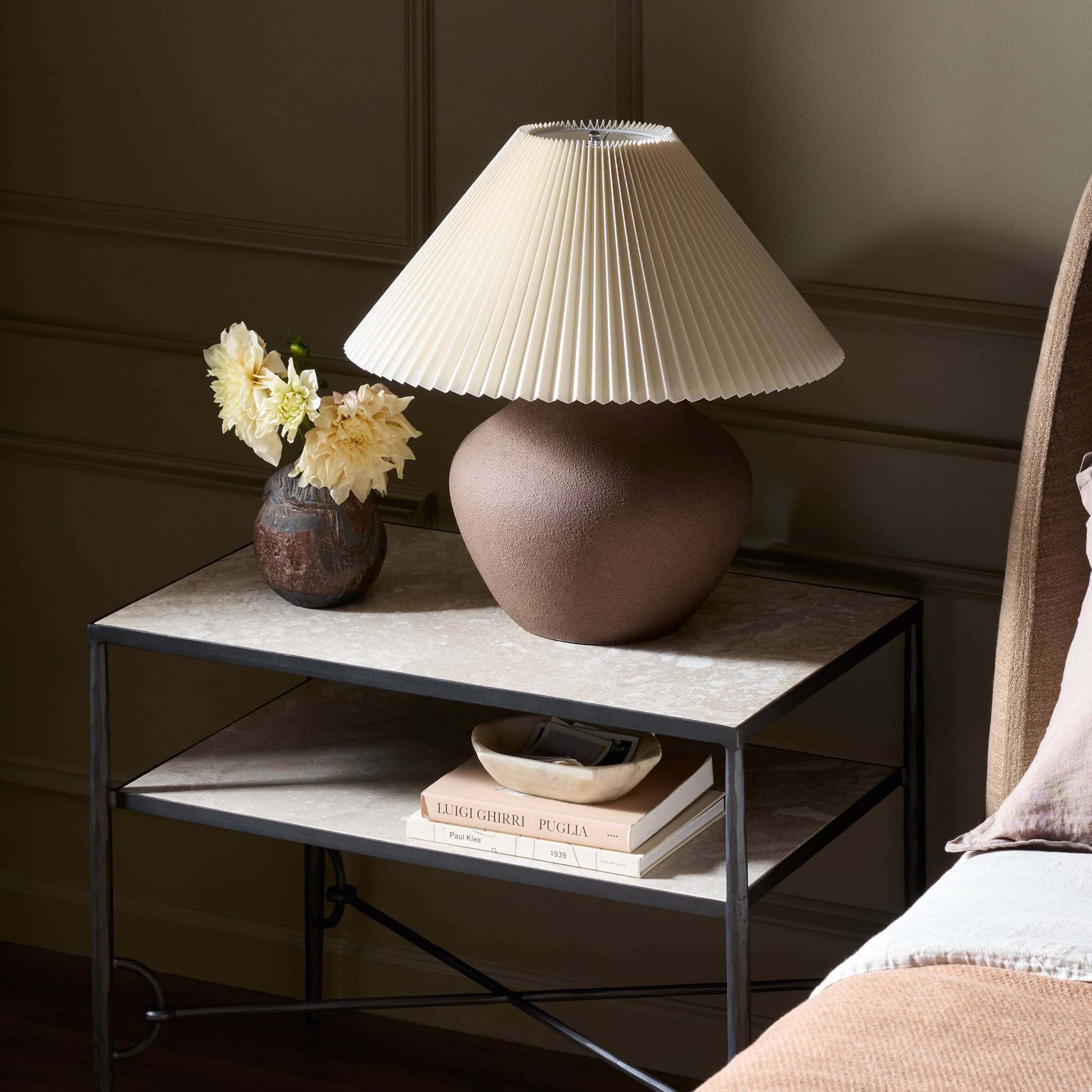 Parma Table Lamp, Textured Dark Sand Porcelain, Pleated Ivory Linen