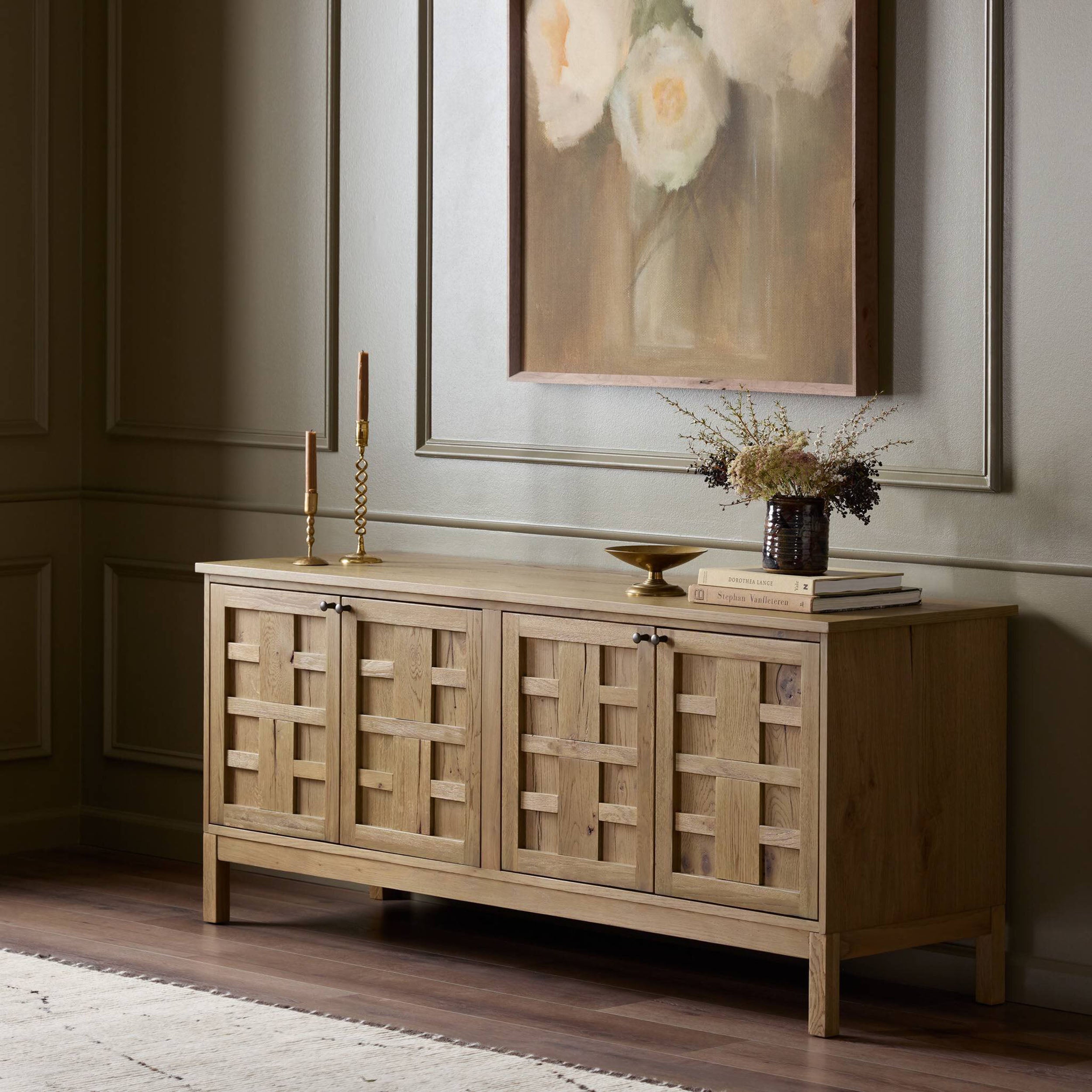 Alessio Media Console, Aged Natural Oak Veneer