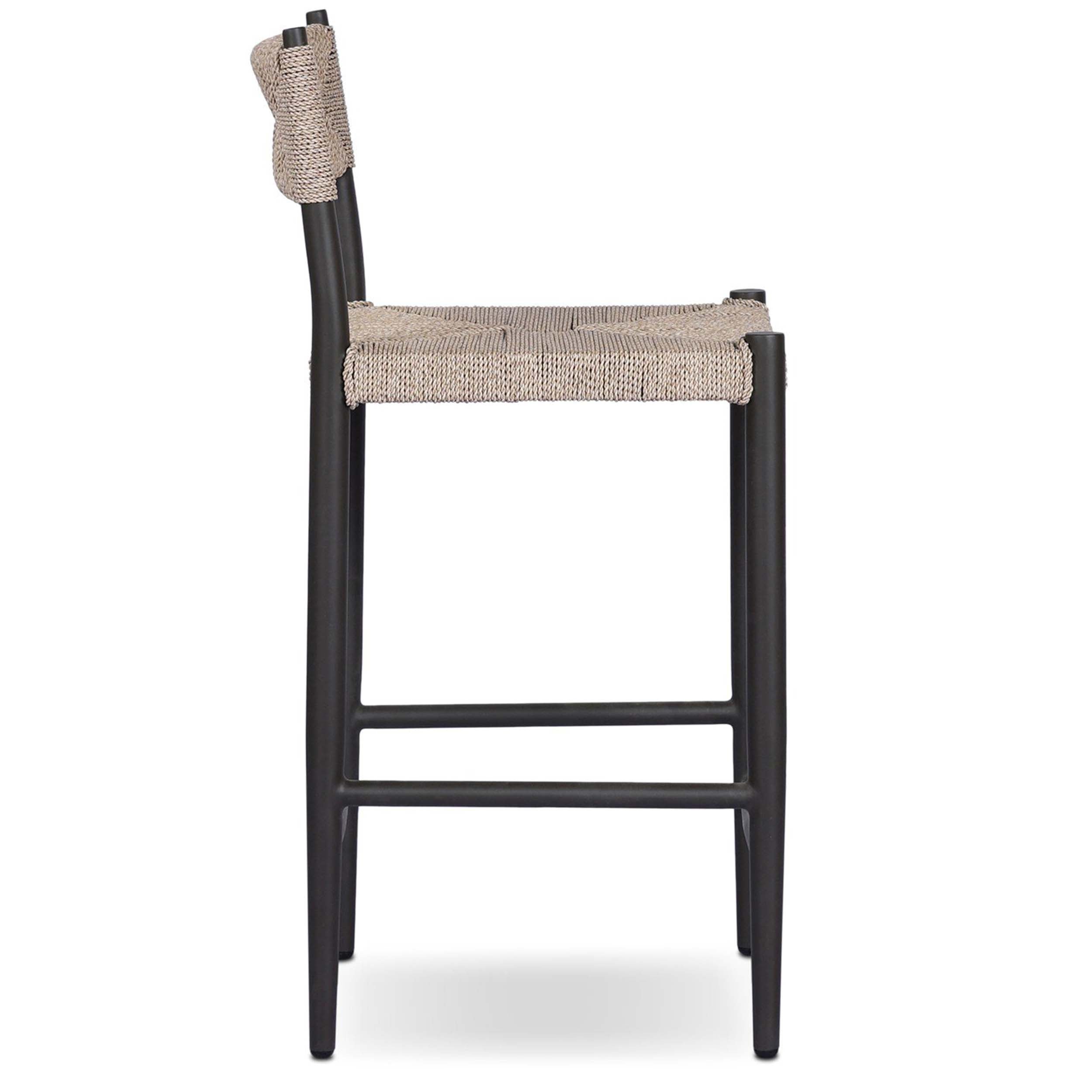Lomas Outdoor Metal Bar + Counter Stool, Textured Dune in a modern design with a woven all-weather seat and dark bronze frame.
