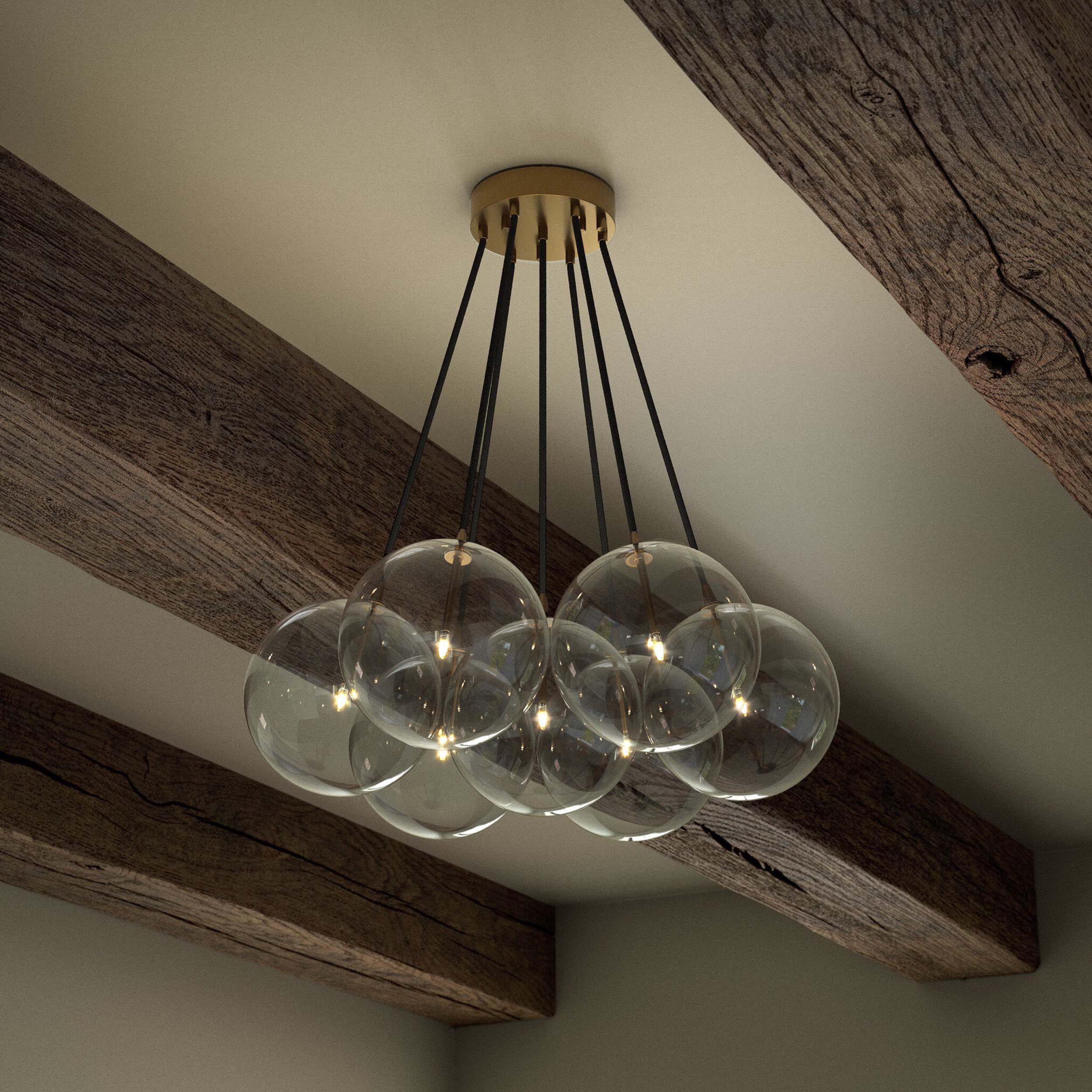 Cloud 7 Globe Chandelier, Clear Glass, Burnished Brass