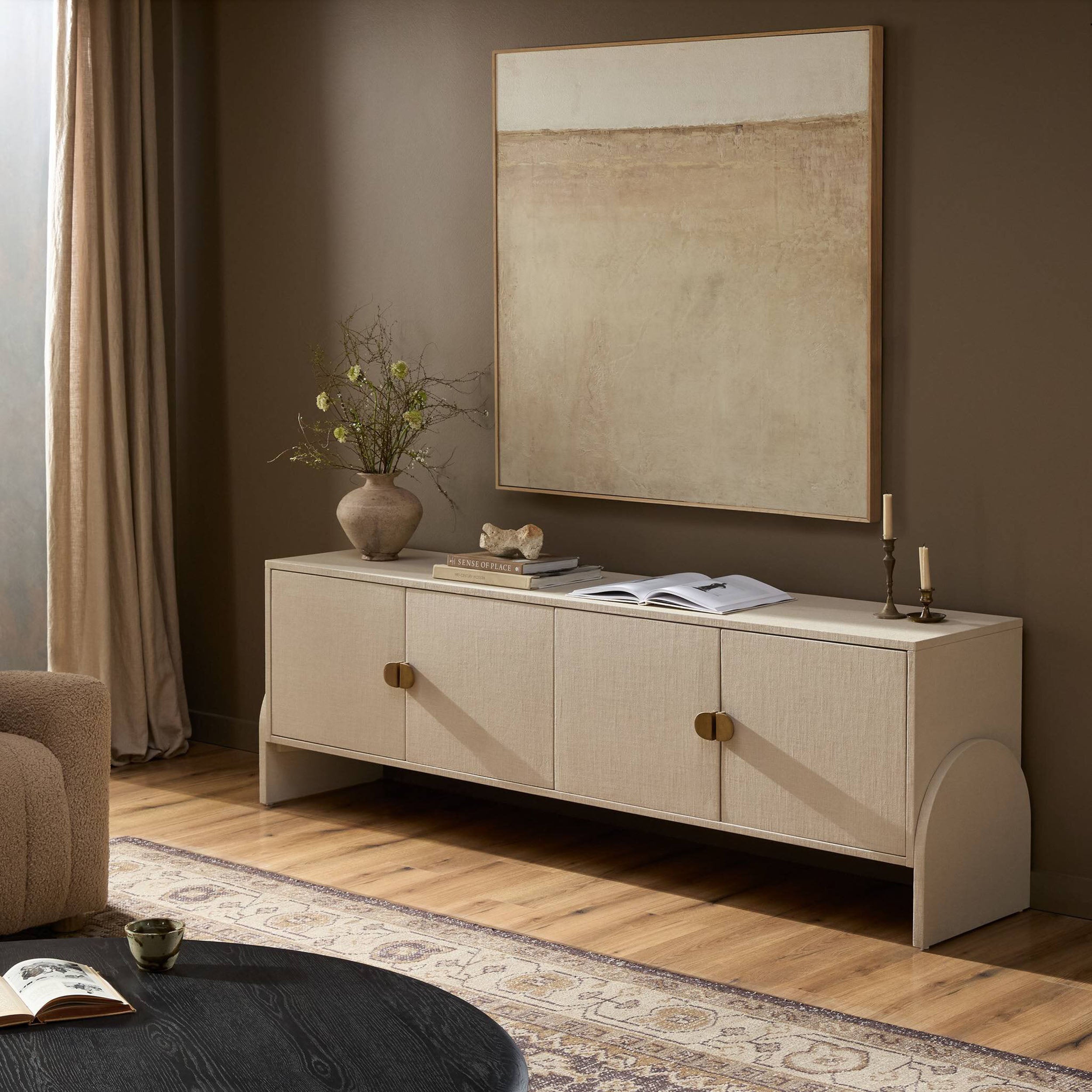 Cressida Media Console, Ivory Painted Linen