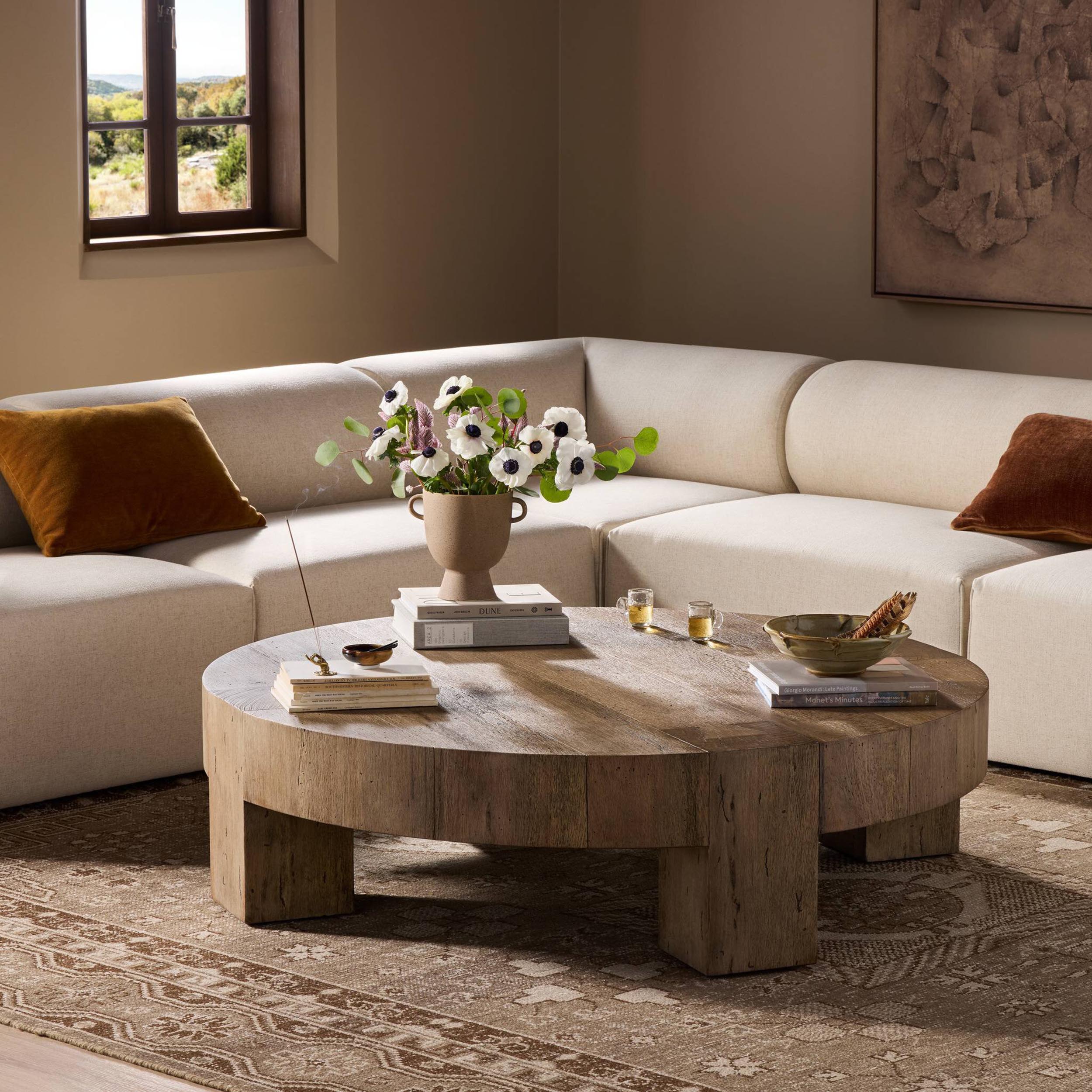 Abaso Round Coffee Table, Rustic Wormwood Oak