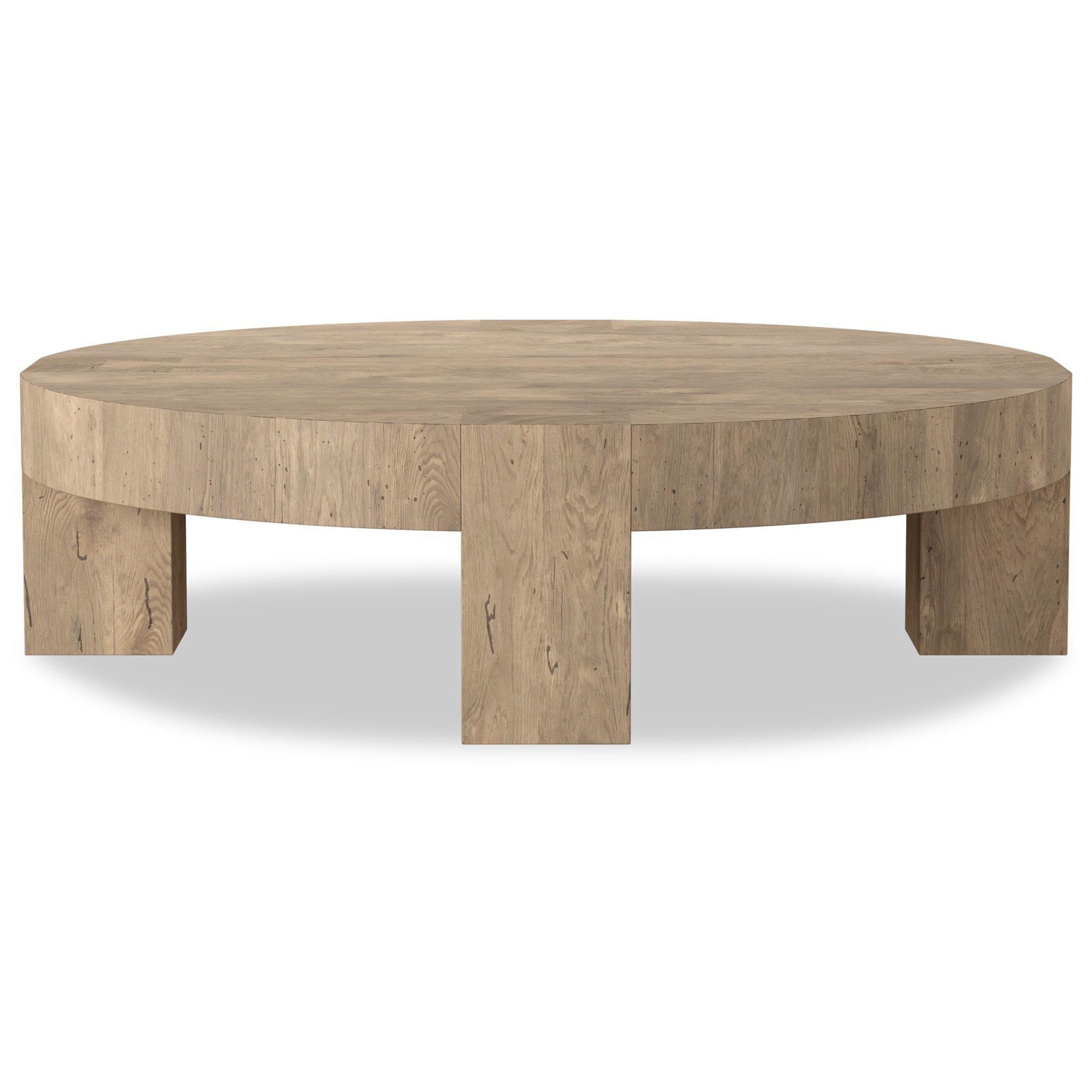 Abaso Round Coffee Table, Whitewash Rustic Wormwood Oak
