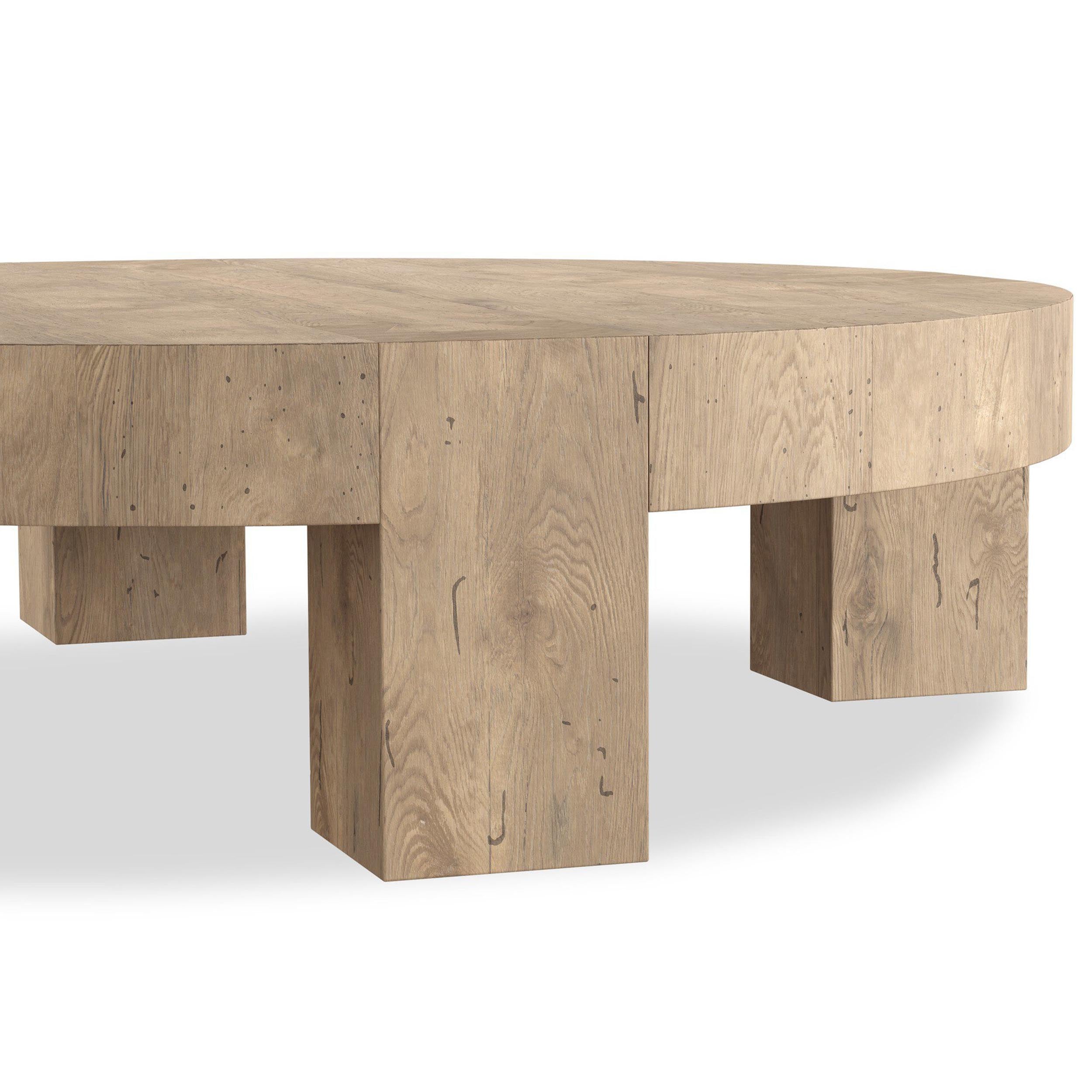 Abaso Round Coffee Table, Whitewash Rustic Wormwood Oak