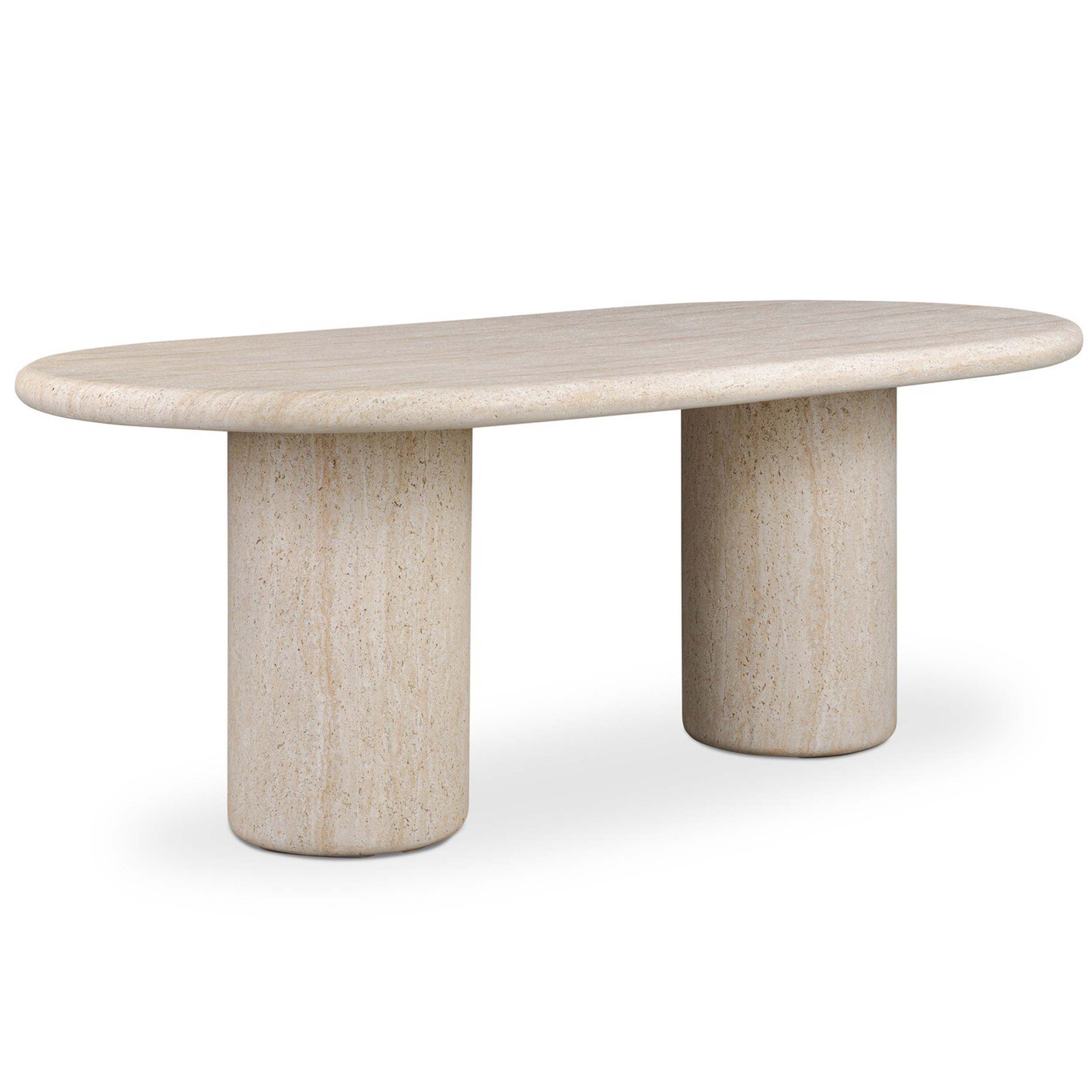 Poole Outdoor Dining Table 78", Textured Sand Concrete featuring a unique oval top and double pedestal design.