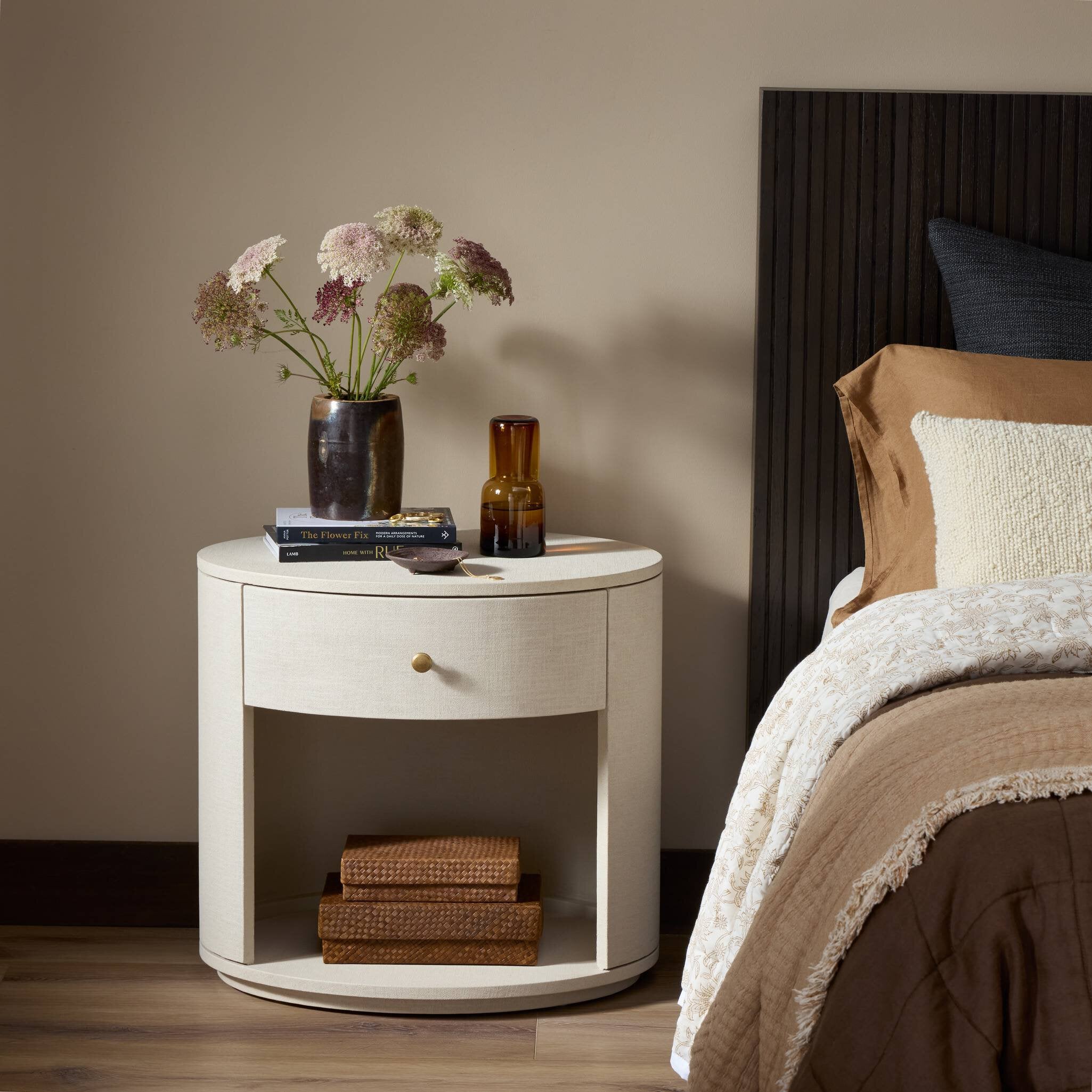 Amelia Oval One Drawer Nightstand, Ivory Painted Linen