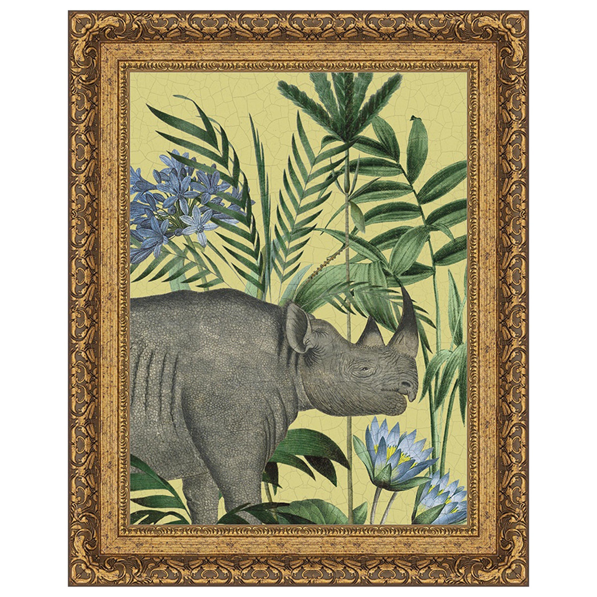 Wild Wonderland - Rhino illustration featuring a majestic rhino surrounded by tropical foliage and blue flowers.