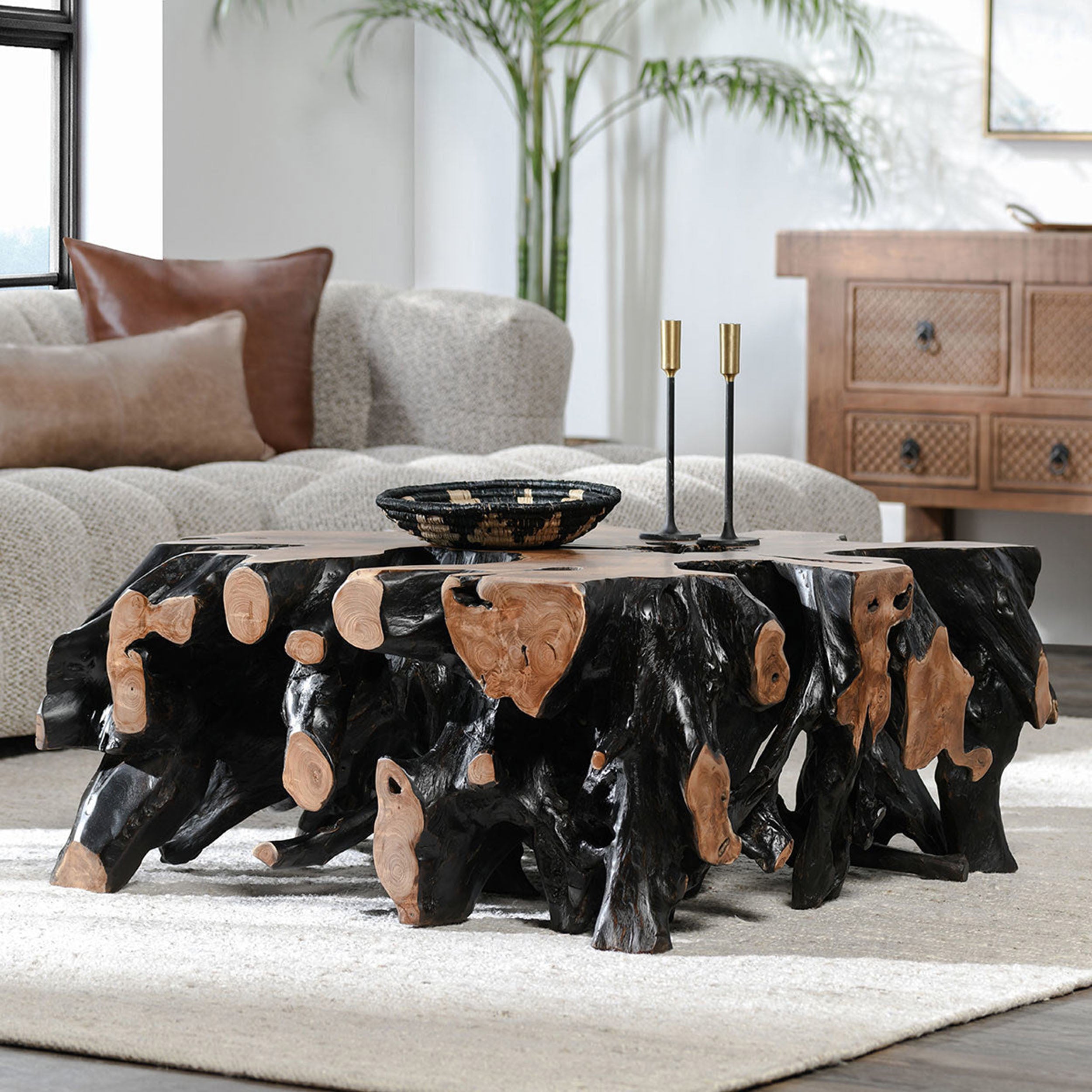 Cypress Square Teak Root Coffee Table, Black/Brown