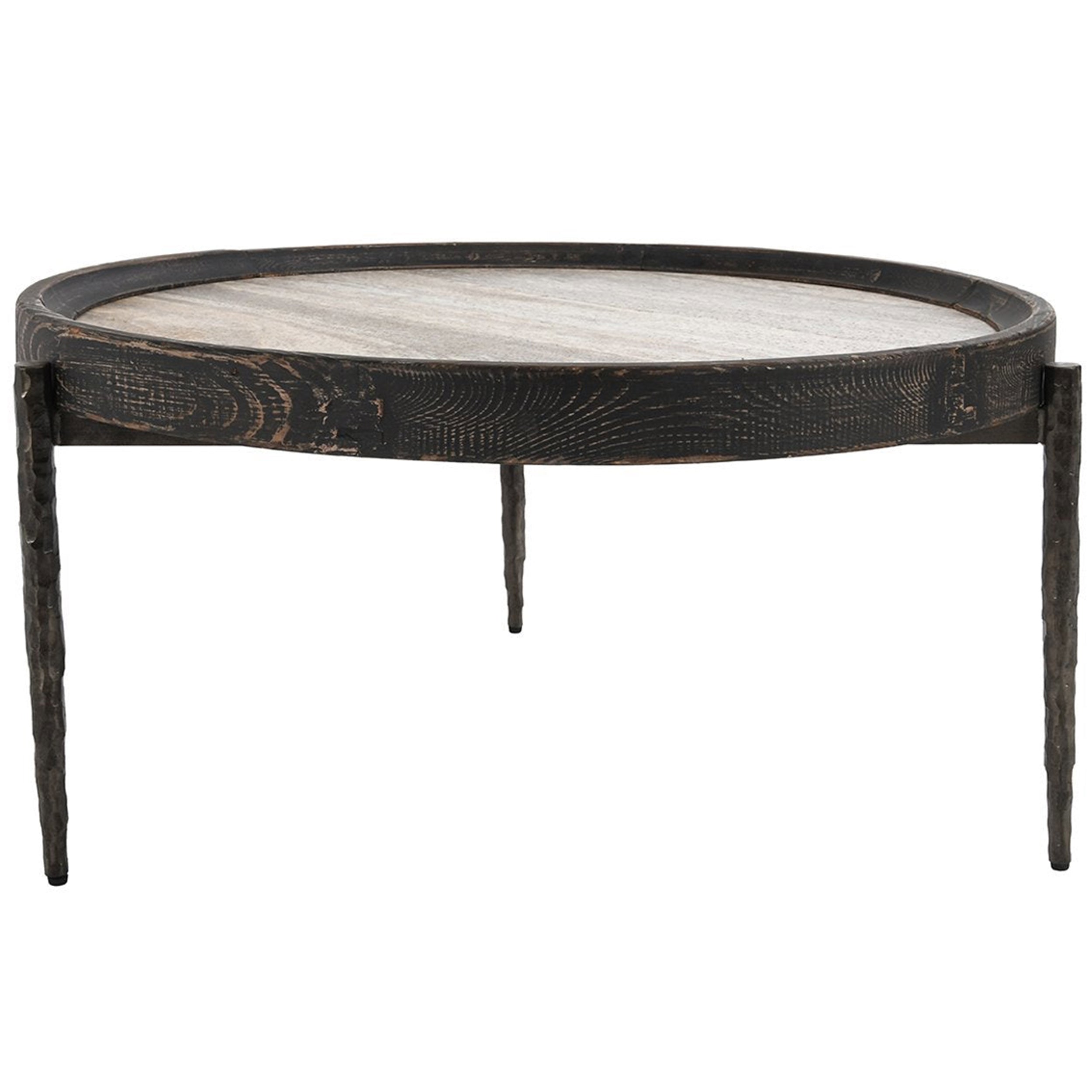 Dakota Round Travertine Coffee Table, Weathered Black/Travertine