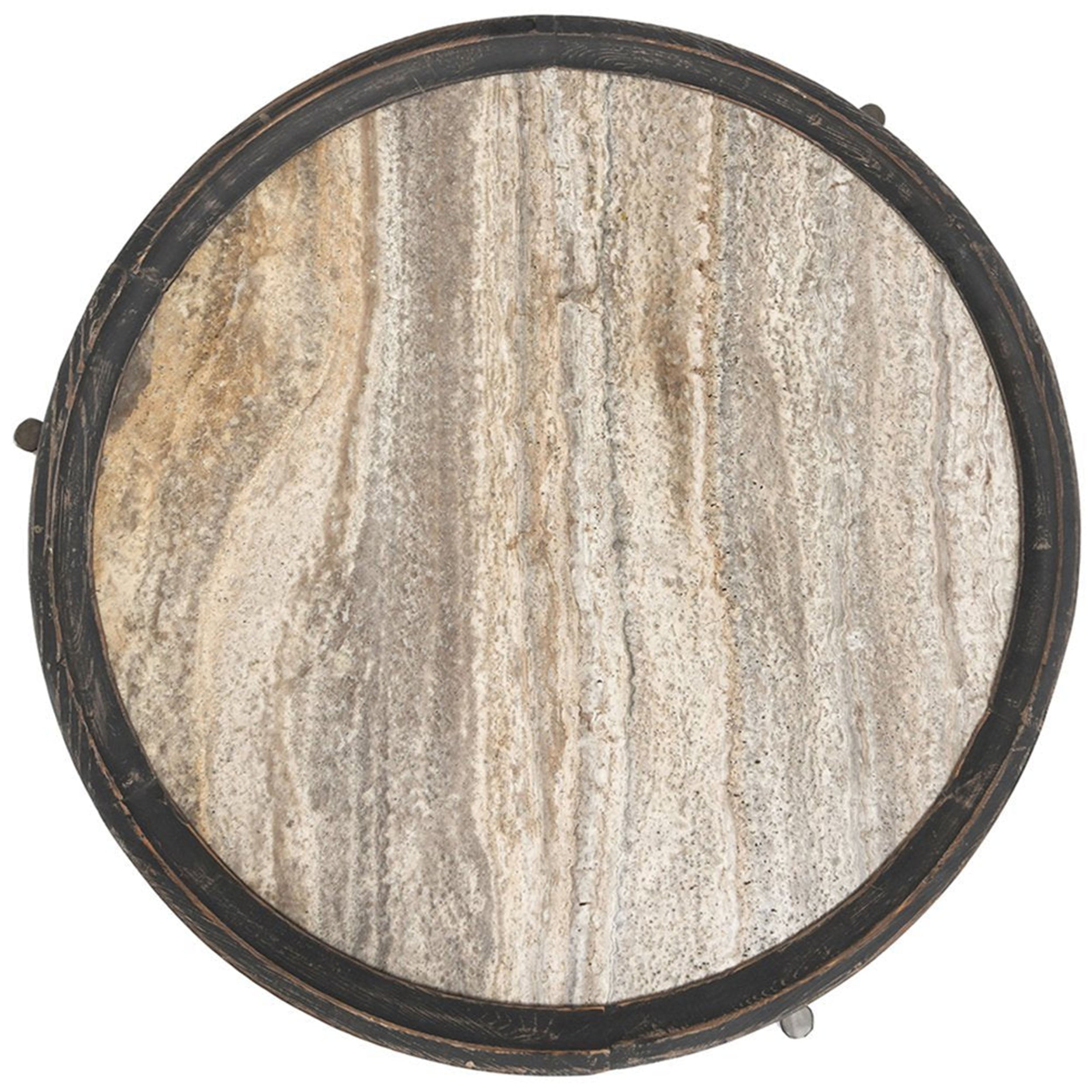 Dakota Round Travertine Coffee Table, Weathered Black/Travertine