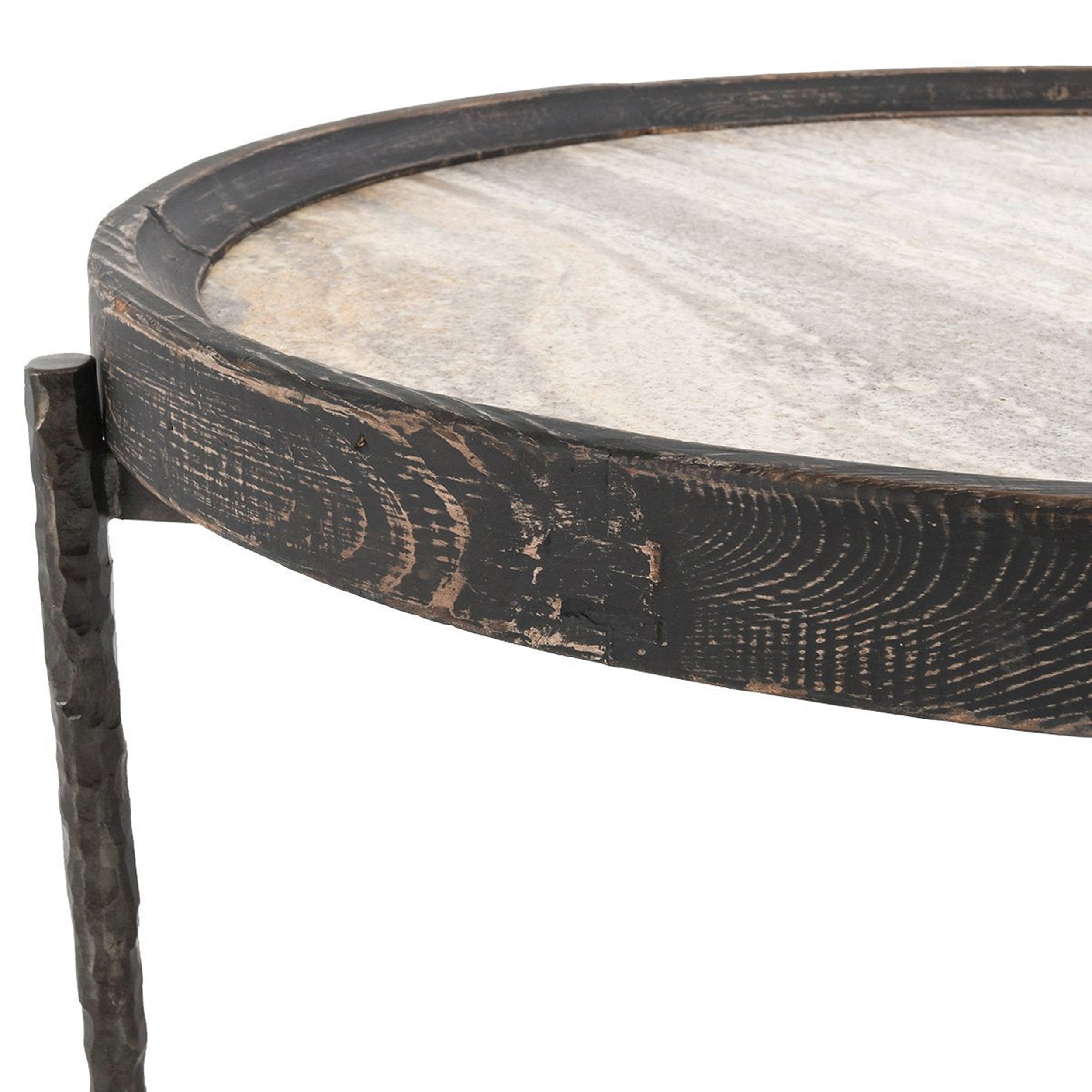 Dakota Round Travertine Coffee Table, Weathered Black/Travertine