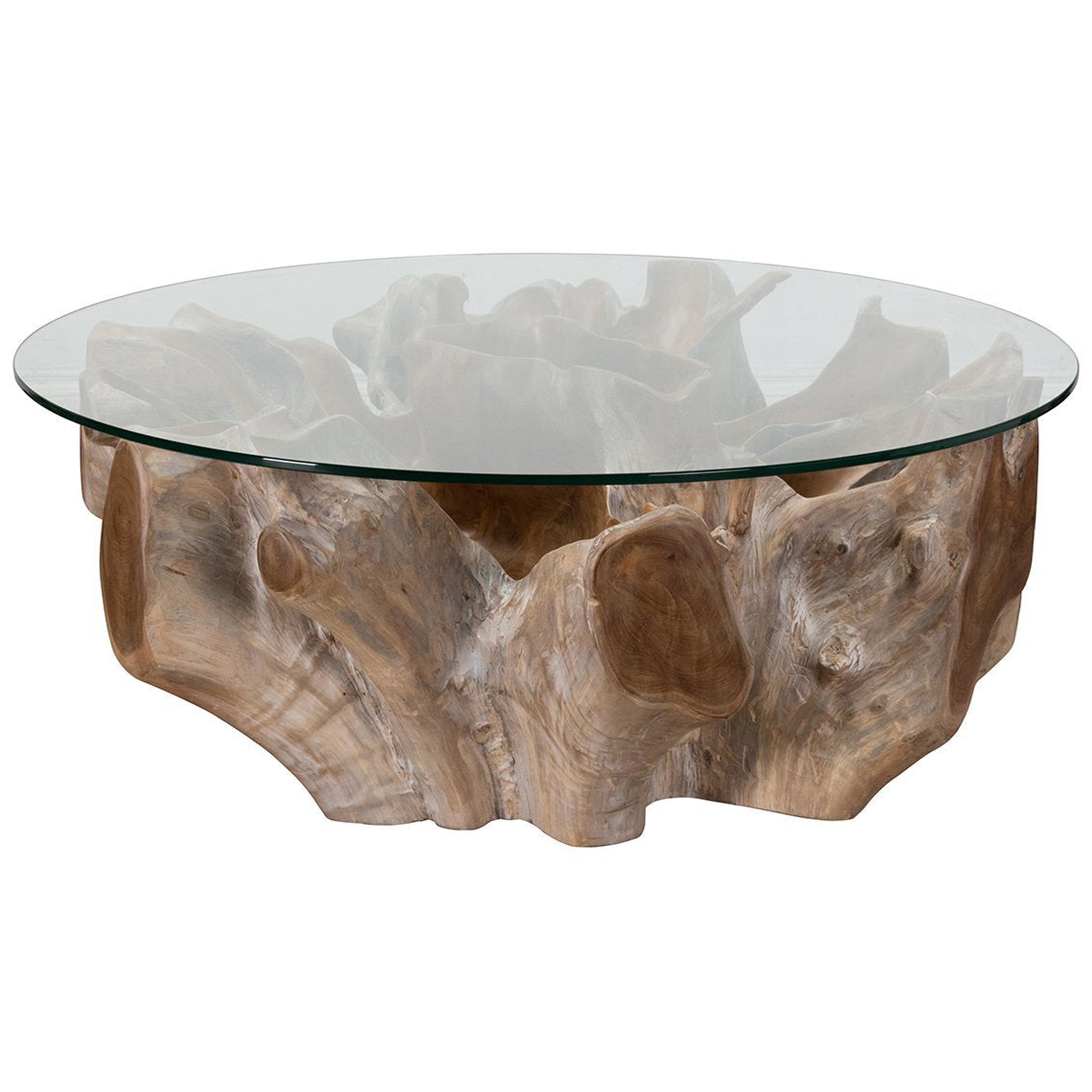 Hailey Teak Root Glass Coffee Table, Natural White