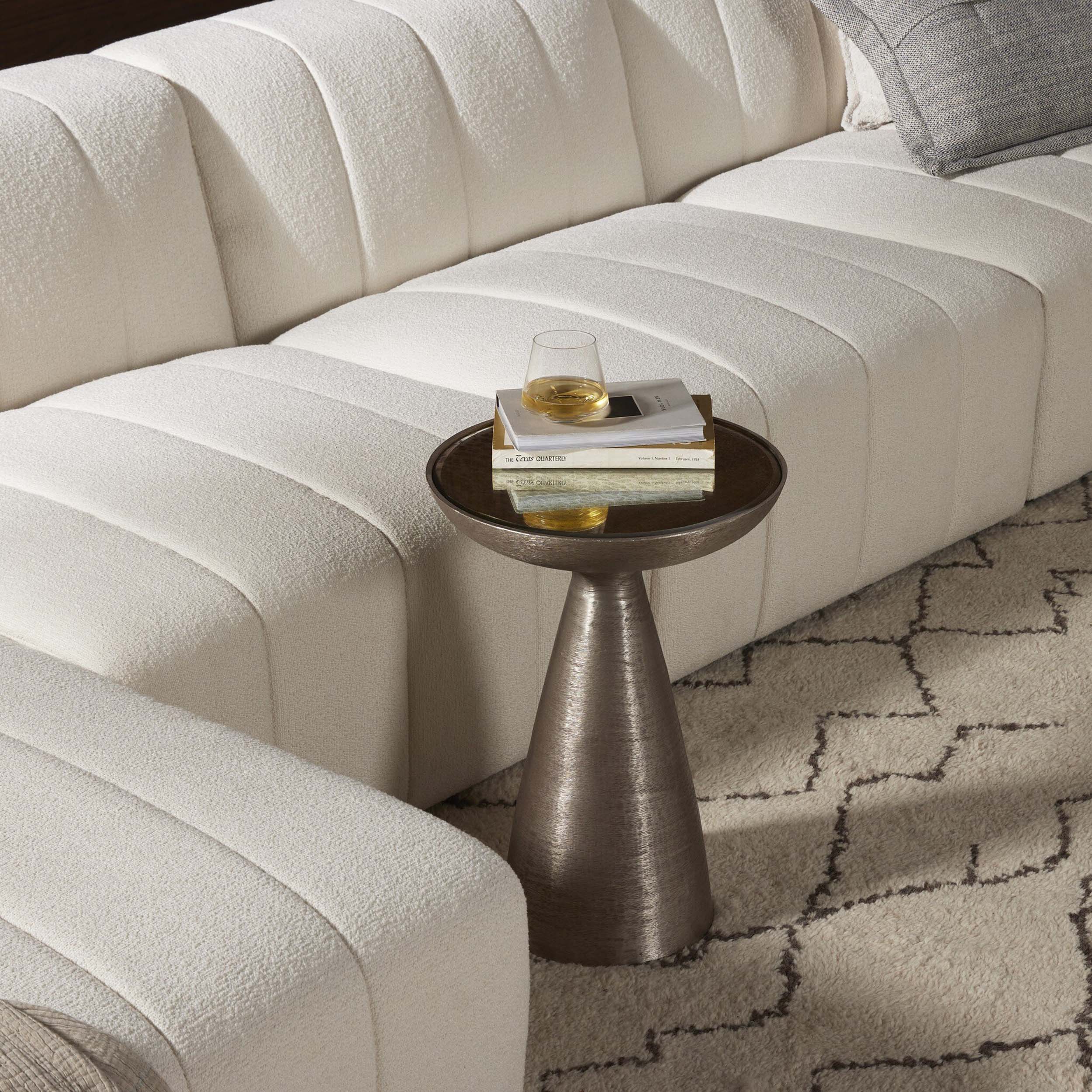 Marlow Mod Pedestal Table, Ash Glass, Brushed Nickel